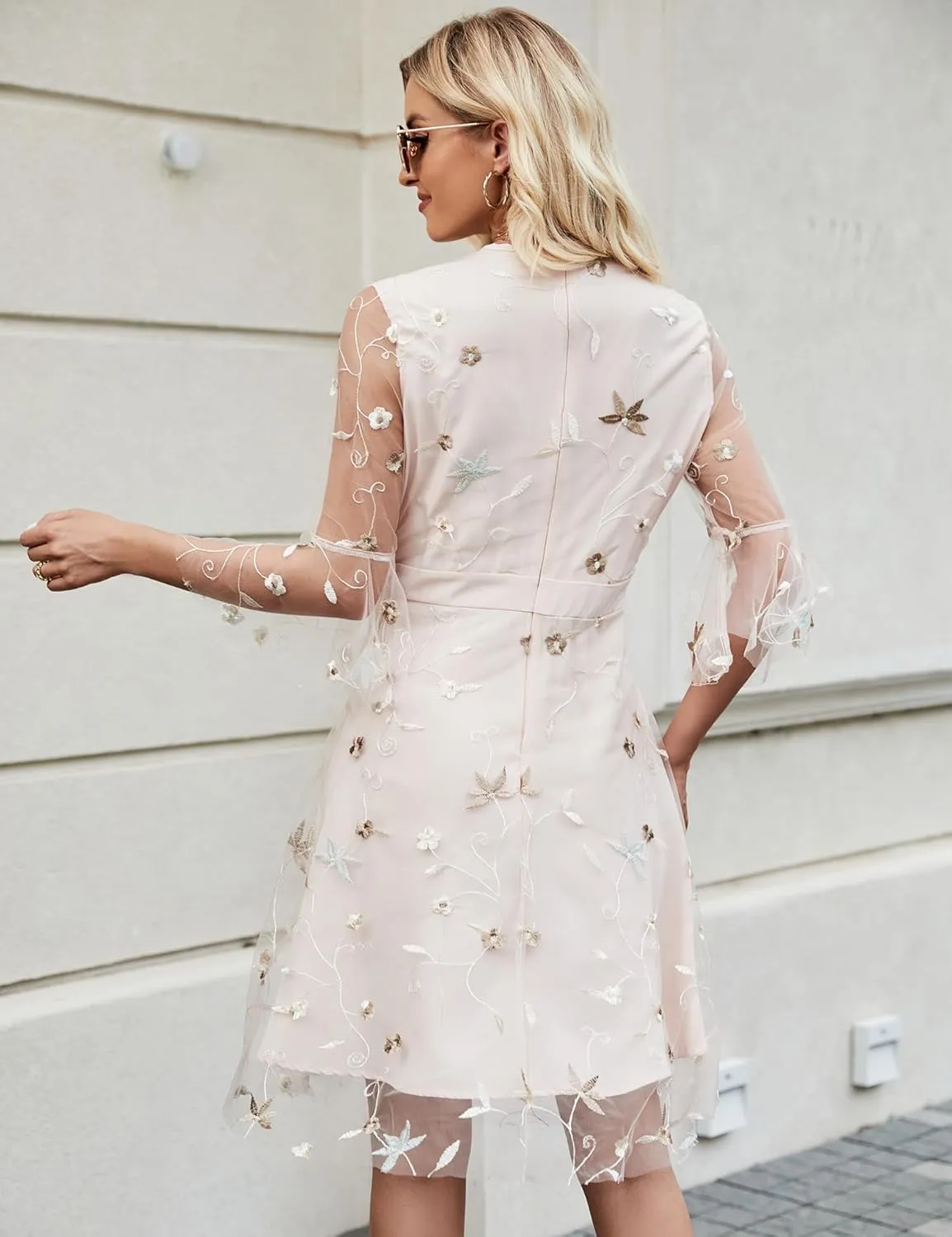 OASMA Women's Vintage Floral Lace Cocktail Party Dresses 3/4 Sleeve Formal Wedding Guest Hi-Lo Bridesmaid Midi Dress