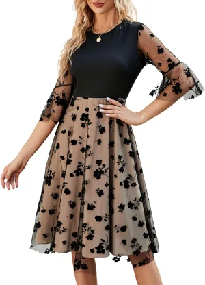 OASMA Women's Vintage Floral Lace Cocktail Party Dresses 3/4 Sleeve Formal Wedding Guest Hi-Lo Bridesmaid Midi Dress
