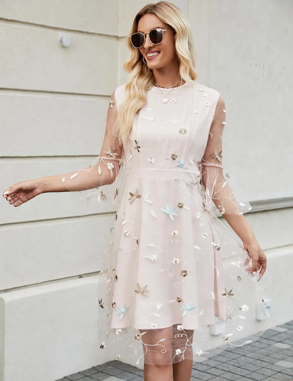 OASMA Women's Vintage Floral Lace Cocktail Party Dresses 3/4 Sleeve Formal Wedding Guest Hi-Lo Bridesmaid Midi Dress