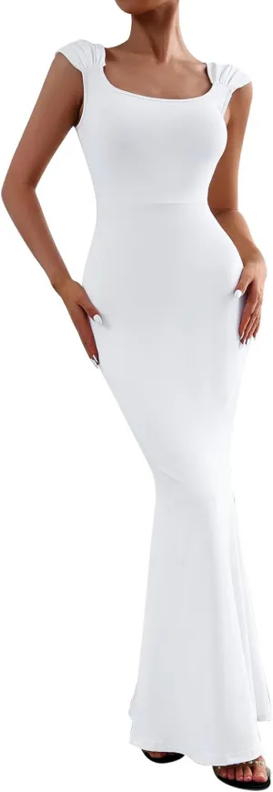 OBEEII Women Bodycon Maxi Dress Sexy Square Neck Lounge Long Dress Elegant Cap Sleeve Slim Fit Mermaid Hem Evening Dress