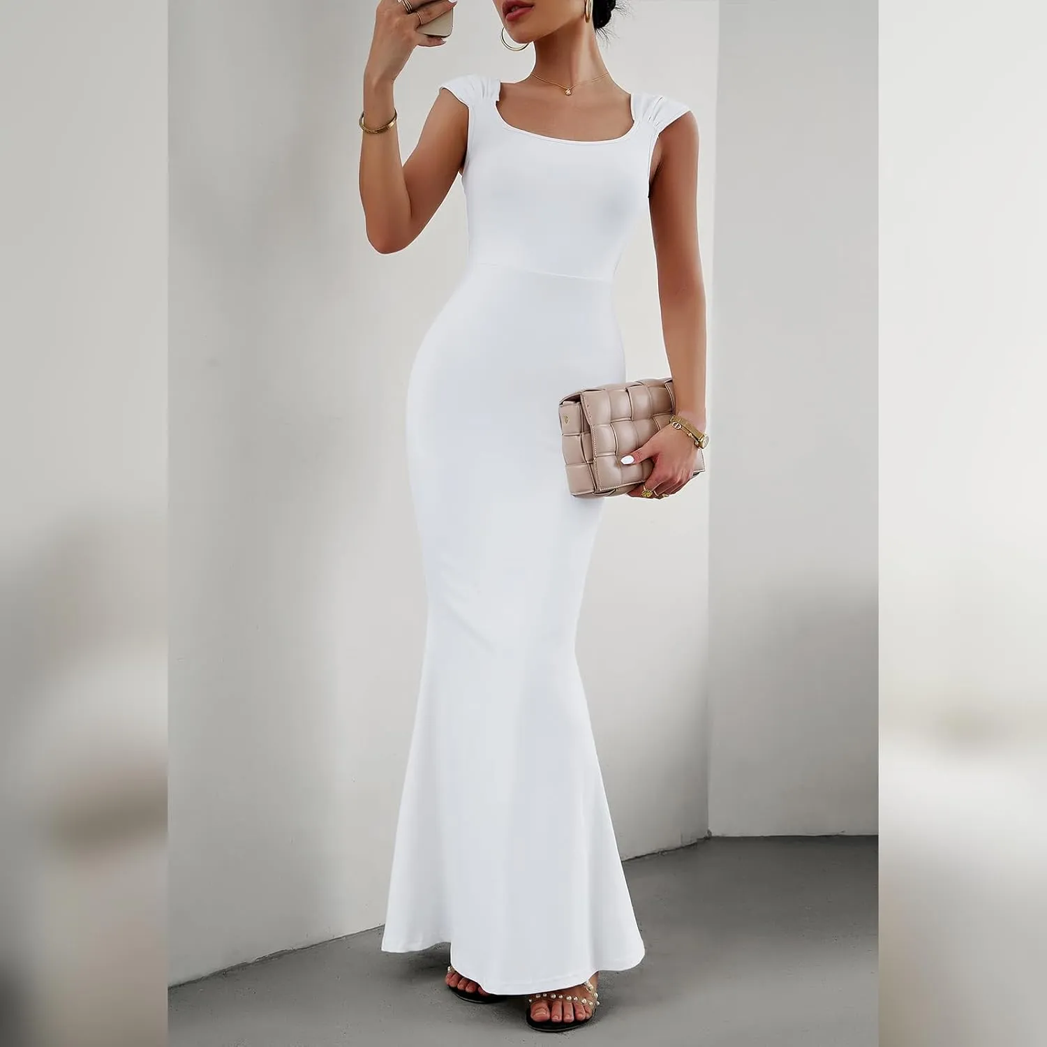 OBEEII Women Bodycon Maxi Dress Sexy Square Neck Lounge Long Dress Elegant Cap Sleeve Slim Fit Mermaid Hem Evening Dress