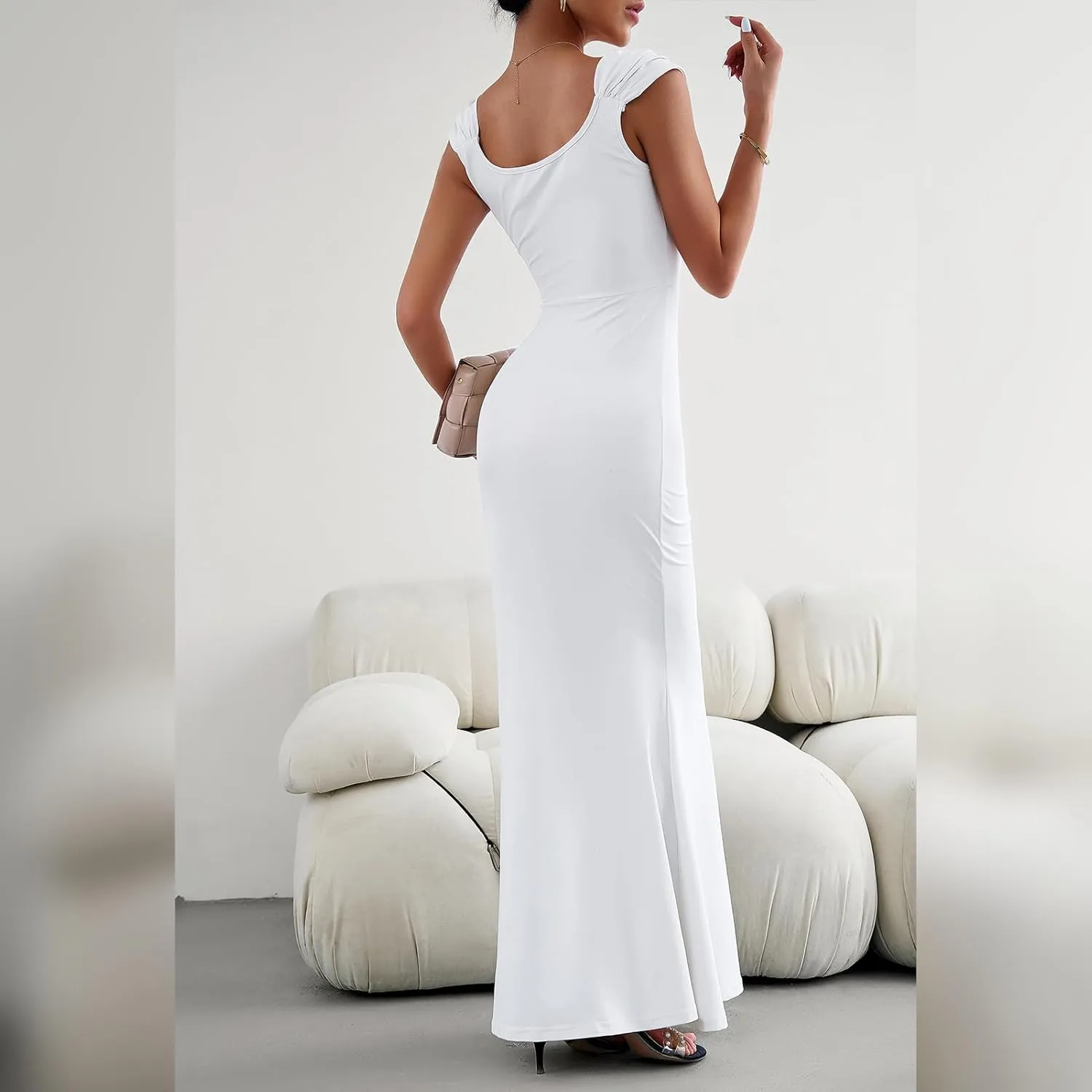 OBEEII Women Bodycon Maxi Dress Sexy Square Neck Lounge Long Dress Elegant Cap Sleeve Slim Fit Mermaid Hem Evening Dress