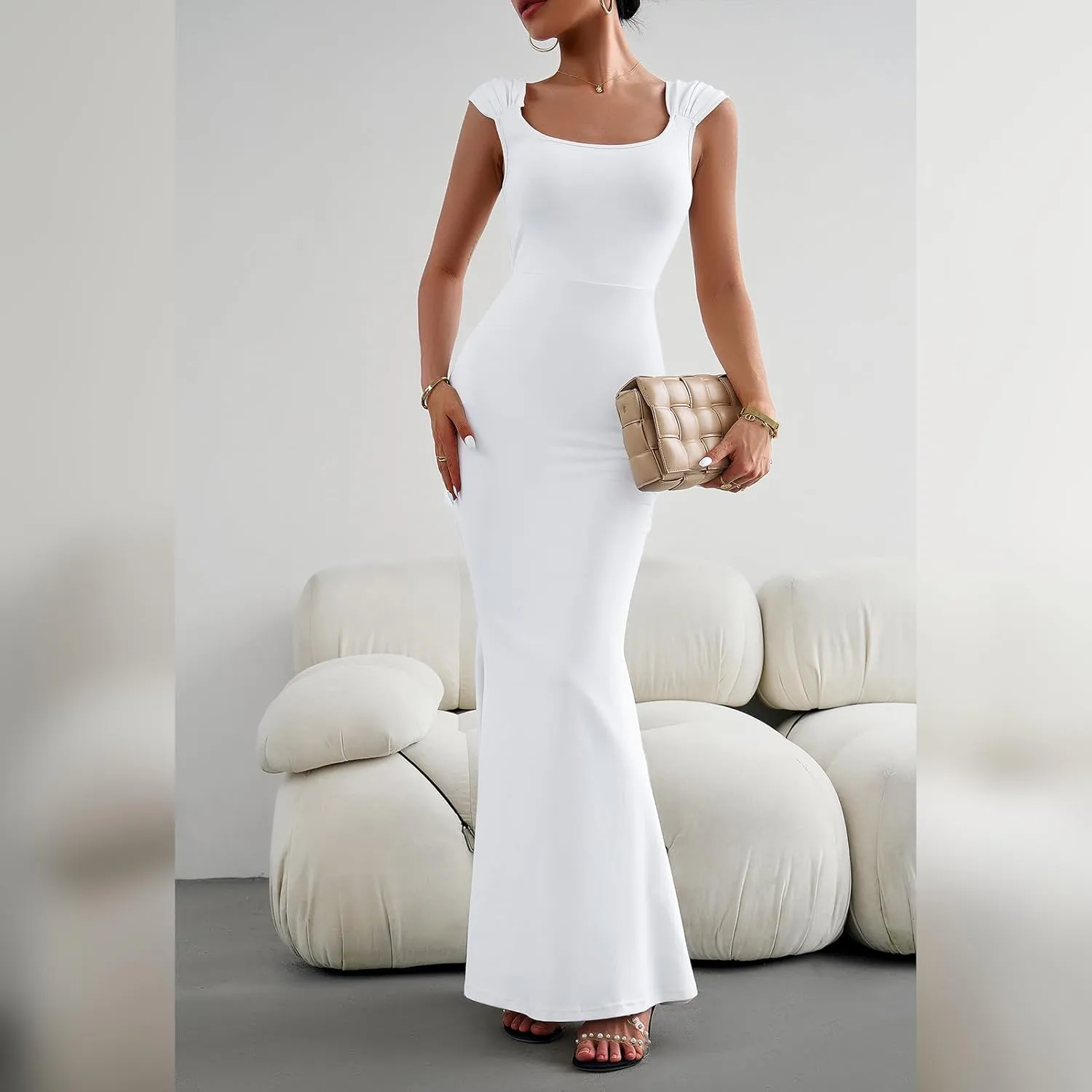 OBEEII Women Bodycon Maxi Dress Sexy Square Neck Lounge Long Dress Elegant Cap Sleeve Slim Fit Mermaid Hem Evening Dress