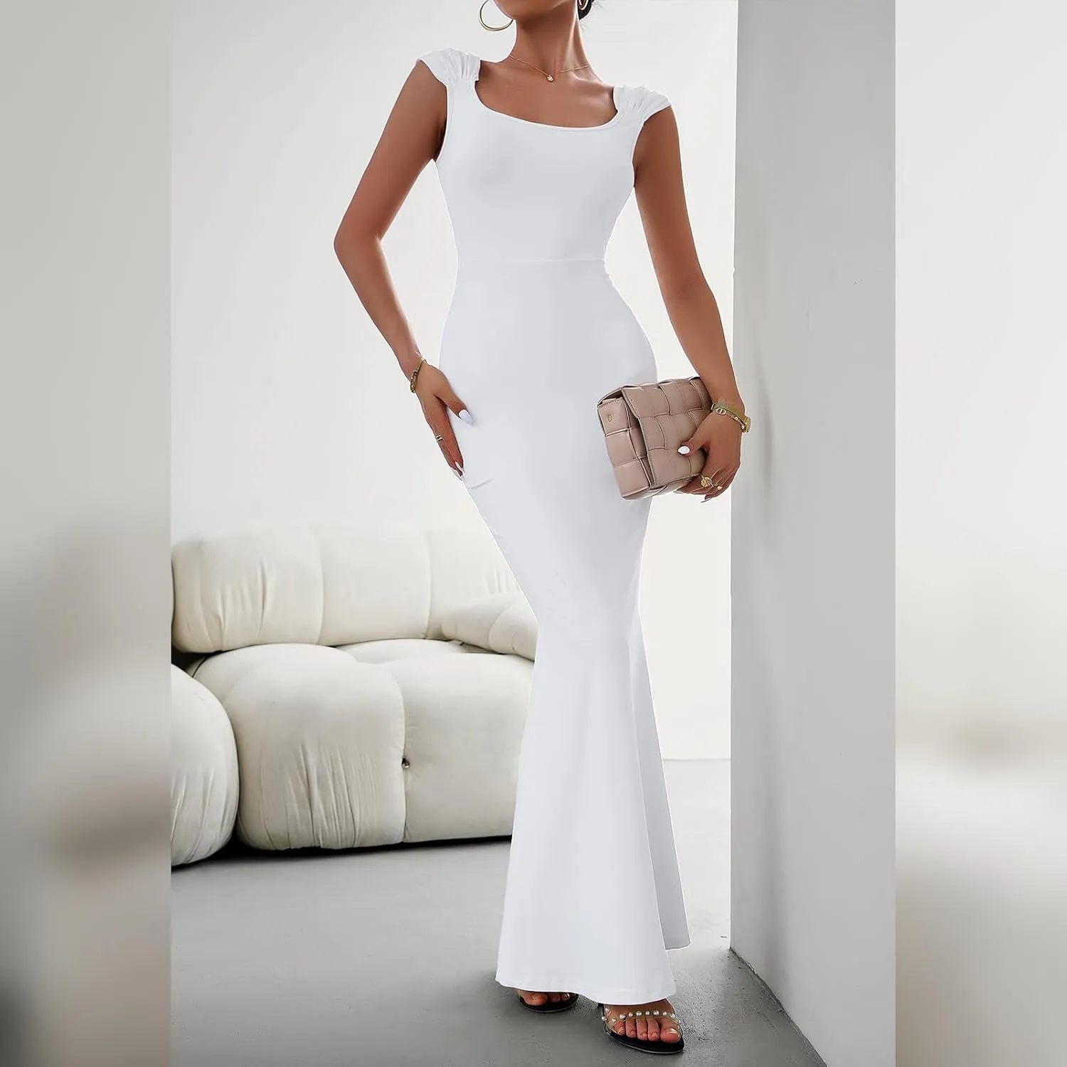 OBEEII Women Bodycon Maxi Dress Sexy Square Neck Lounge Long Dress Elegant Cap Sleeve Slim Fit Mermaid Hem Evening Dress