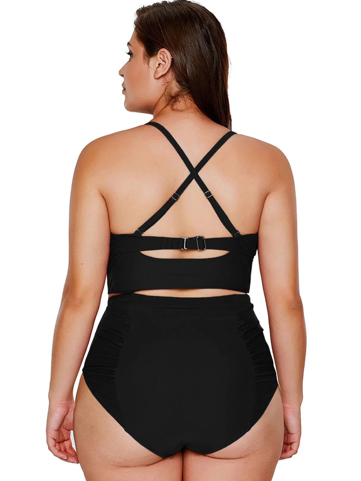 OEM ODM Crossed Collar Criss-Cross Sleeveless High-Waisted Black Plus Size Swimwear