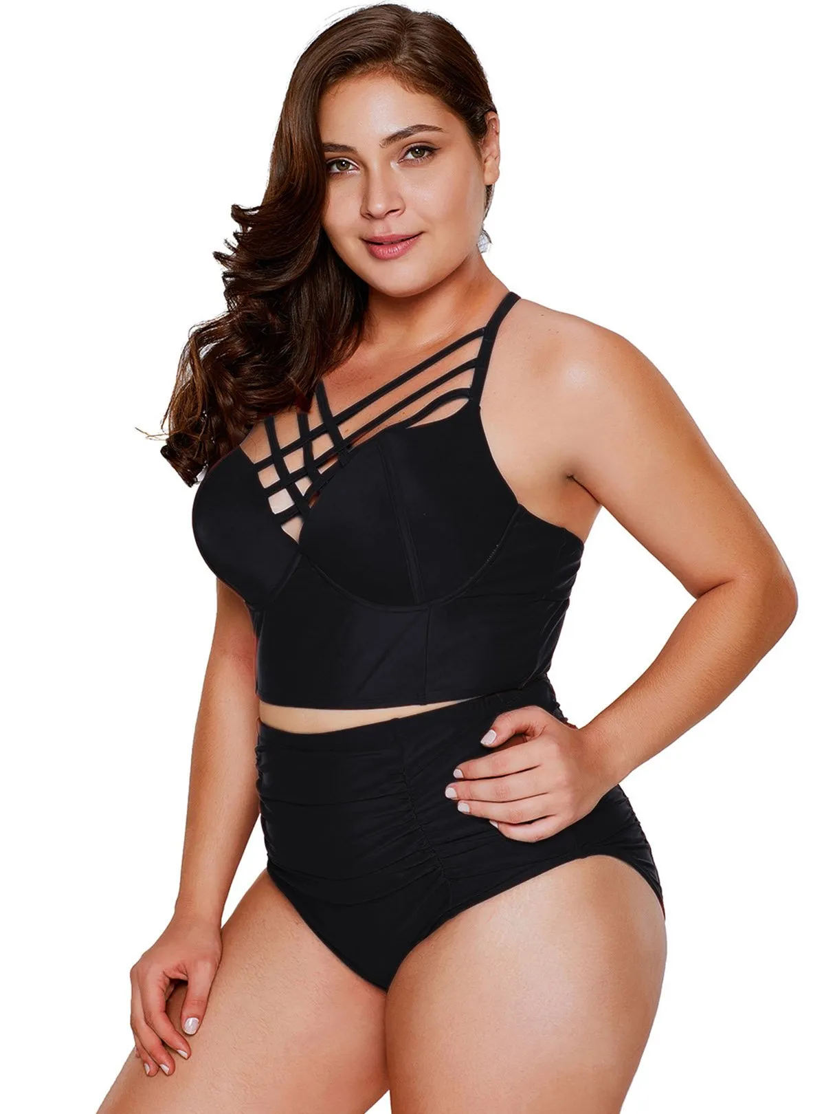 OEM ODM Crossed Collar Criss-Cross Sleeveless High-Waisted Black Plus Size Swimwear