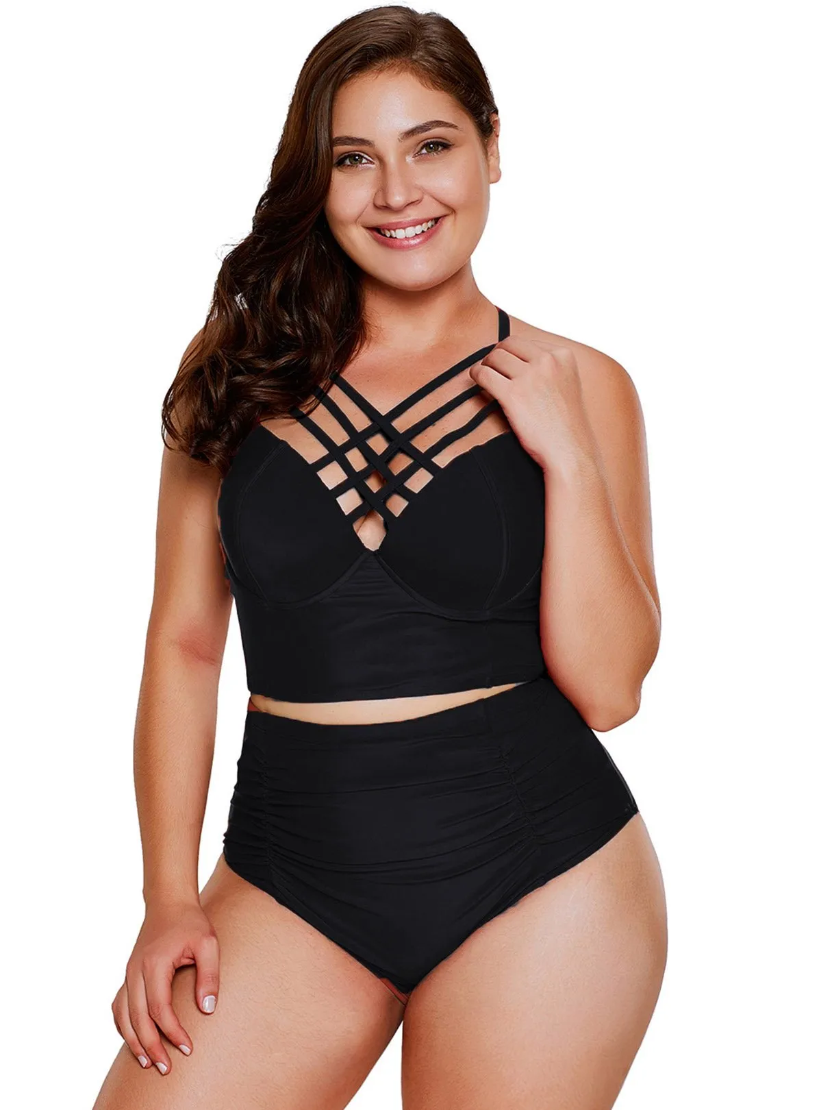 OEM ODM Crossed Collar Criss-Cross Sleeveless High-Waisted Black Plus Size Swimwear