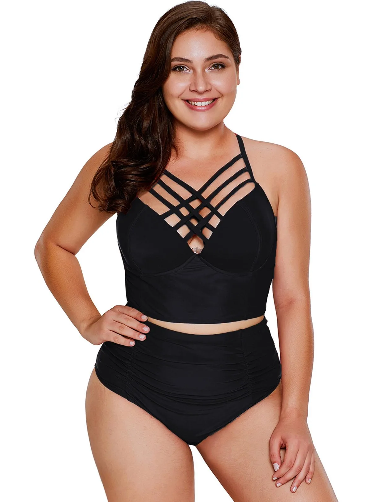 OEM ODM Crossed Collar Criss-Cross Sleeveless High-Waisted Black Plus Size Swimwear
