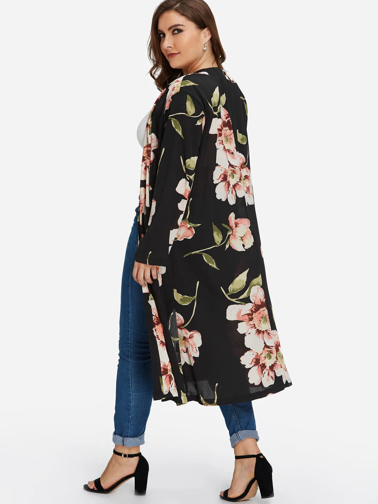 OEM ODM Floral Print Long Sleeve Black Plus Size Coats & Jackets