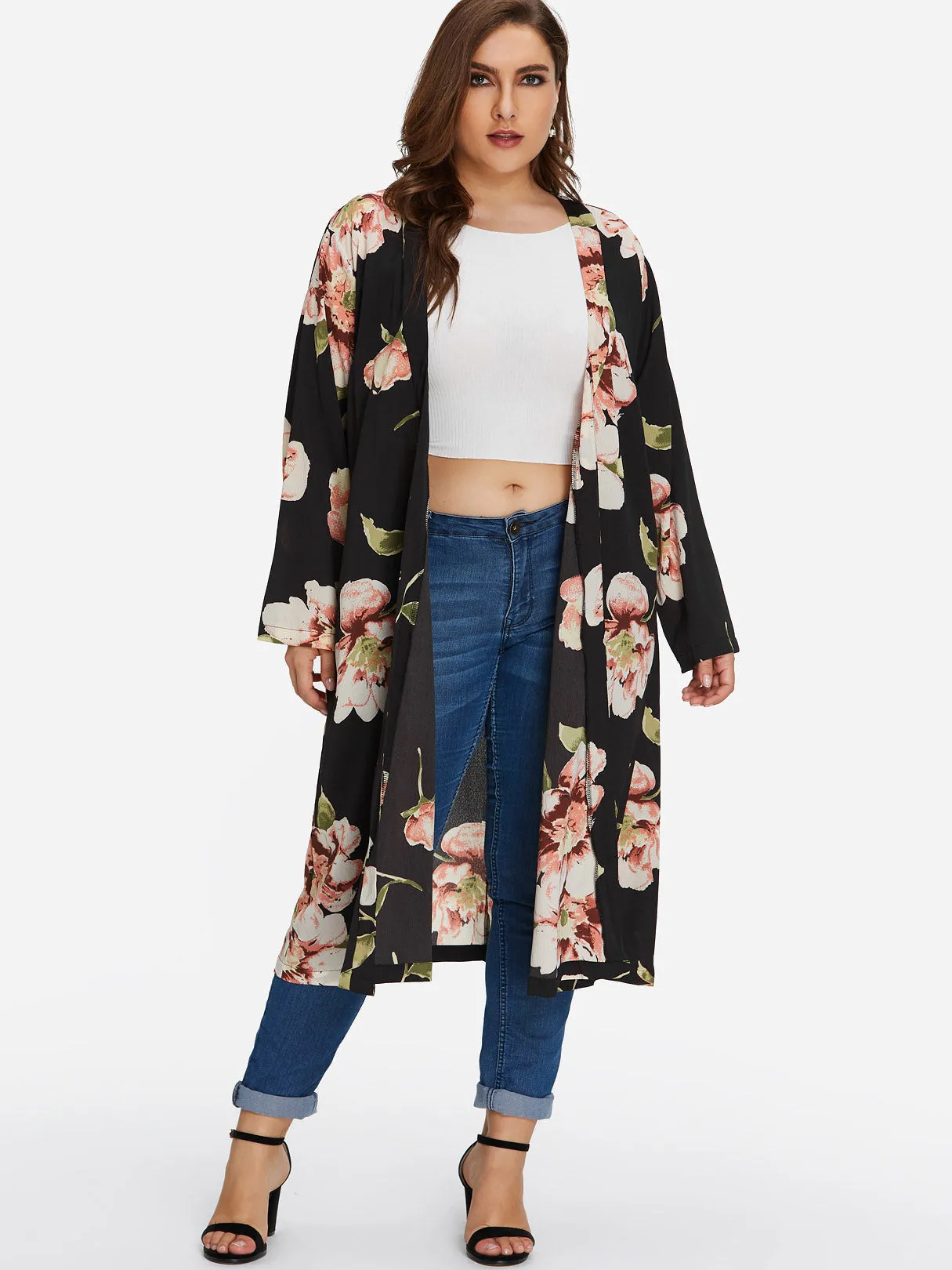 OEM ODM Floral Print Long Sleeve Black Plus Size Coats & Jackets