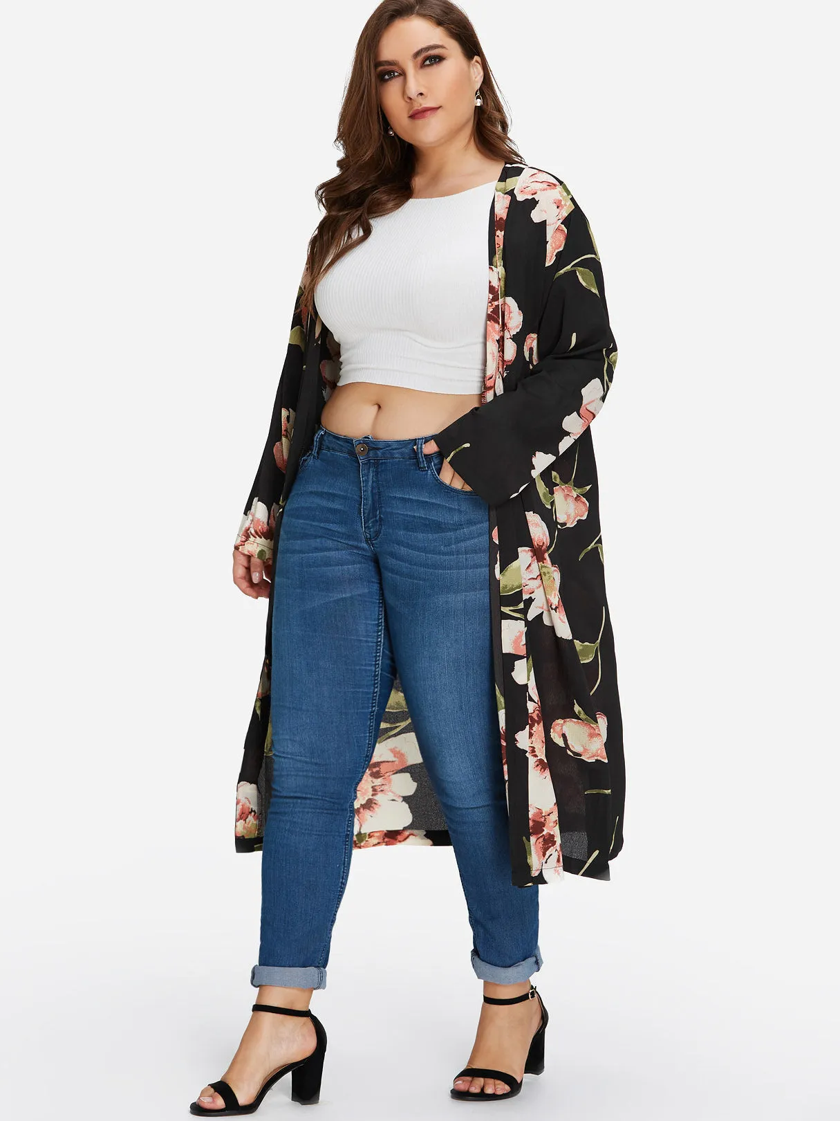 OEM ODM Floral Print Long Sleeve Black Plus Size Coats & Jackets