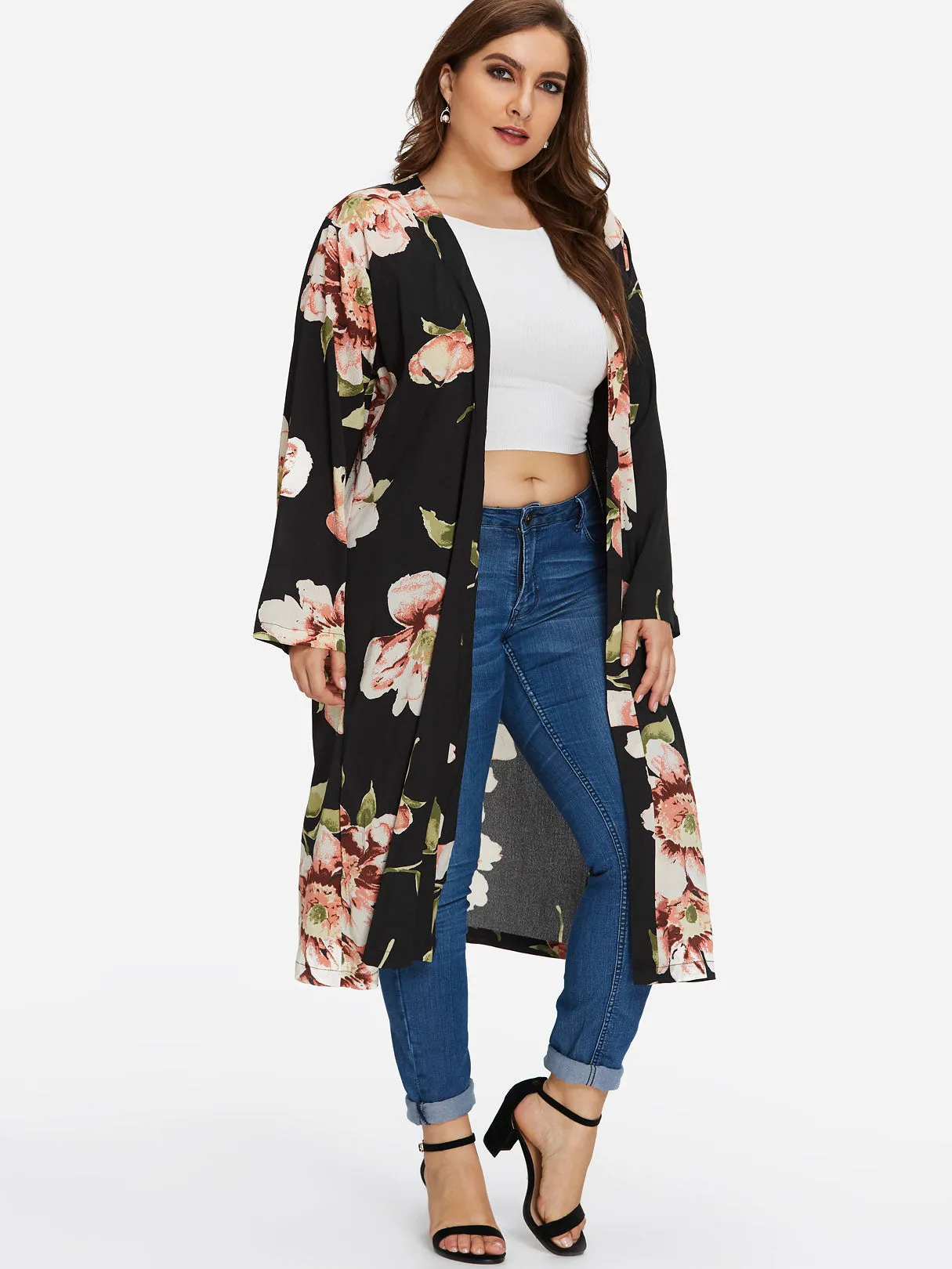 OEM ODM Floral Print Long Sleeve Black Plus Size Coats & Jackets