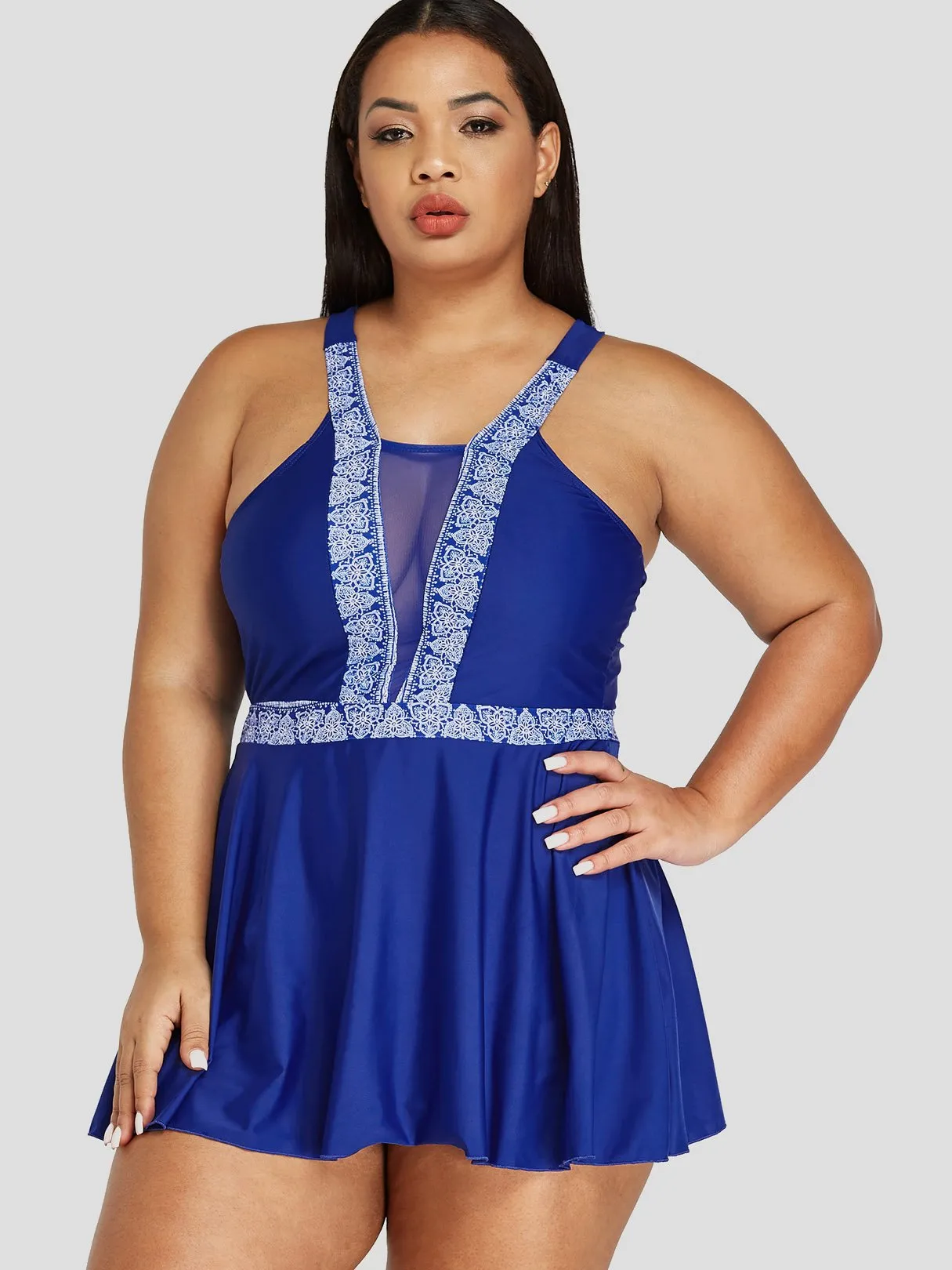 OEM ODM Halter Printed Backless See Through Self-Tie Sleeveless Blue Plus Size Swimwear