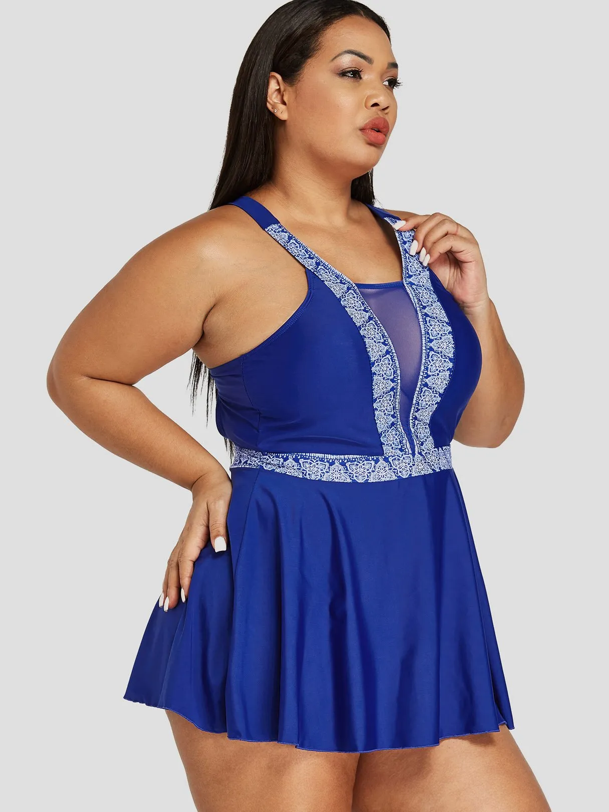 OEM ODM Halter Printed Backless See Through Self-Tie Sleeveless Blue Plus Size Swimwear