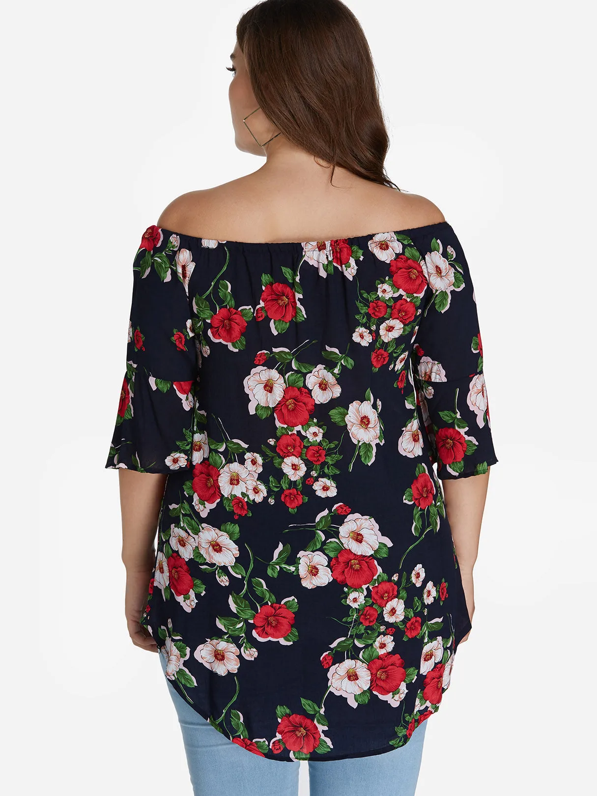 OEM ODM Off The Shoulder Floral Print 3/4 Sleeve Curved Hem Black Plus Size Tops