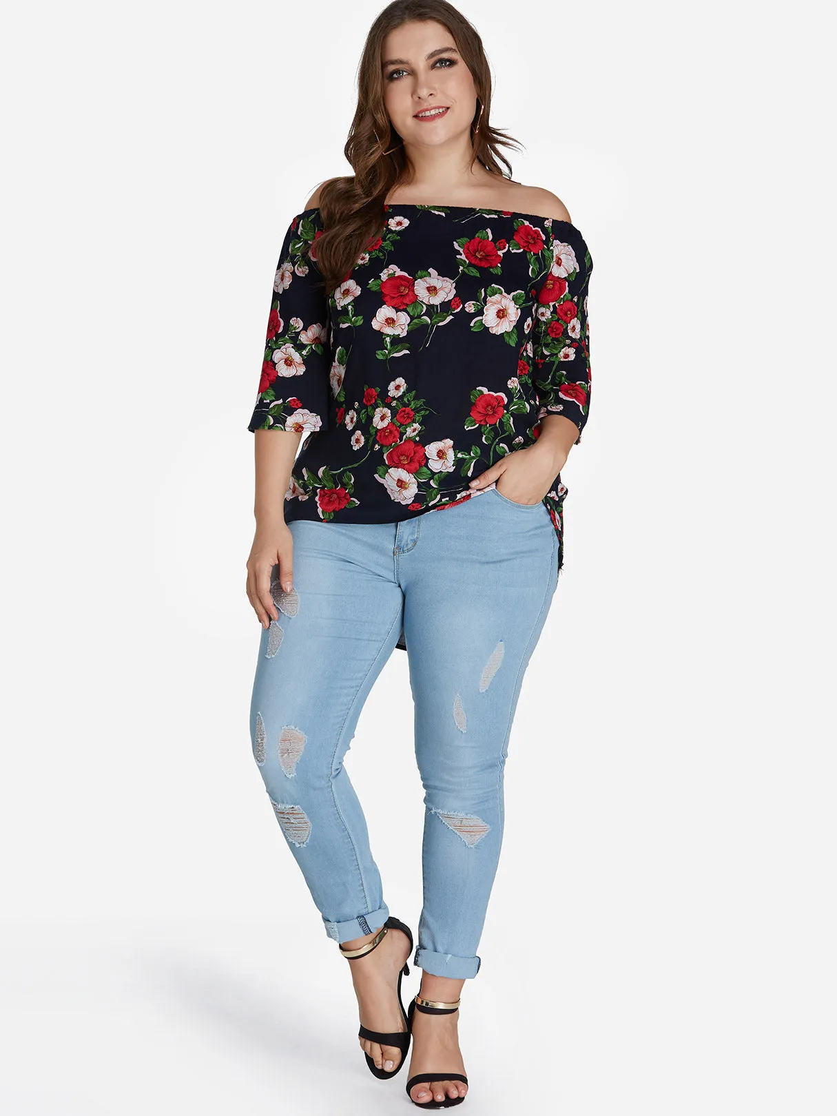 OEM ODM Off The Shoulder Floral Print 3/4 Sleeve Curved Hem Black Plus Size Tops