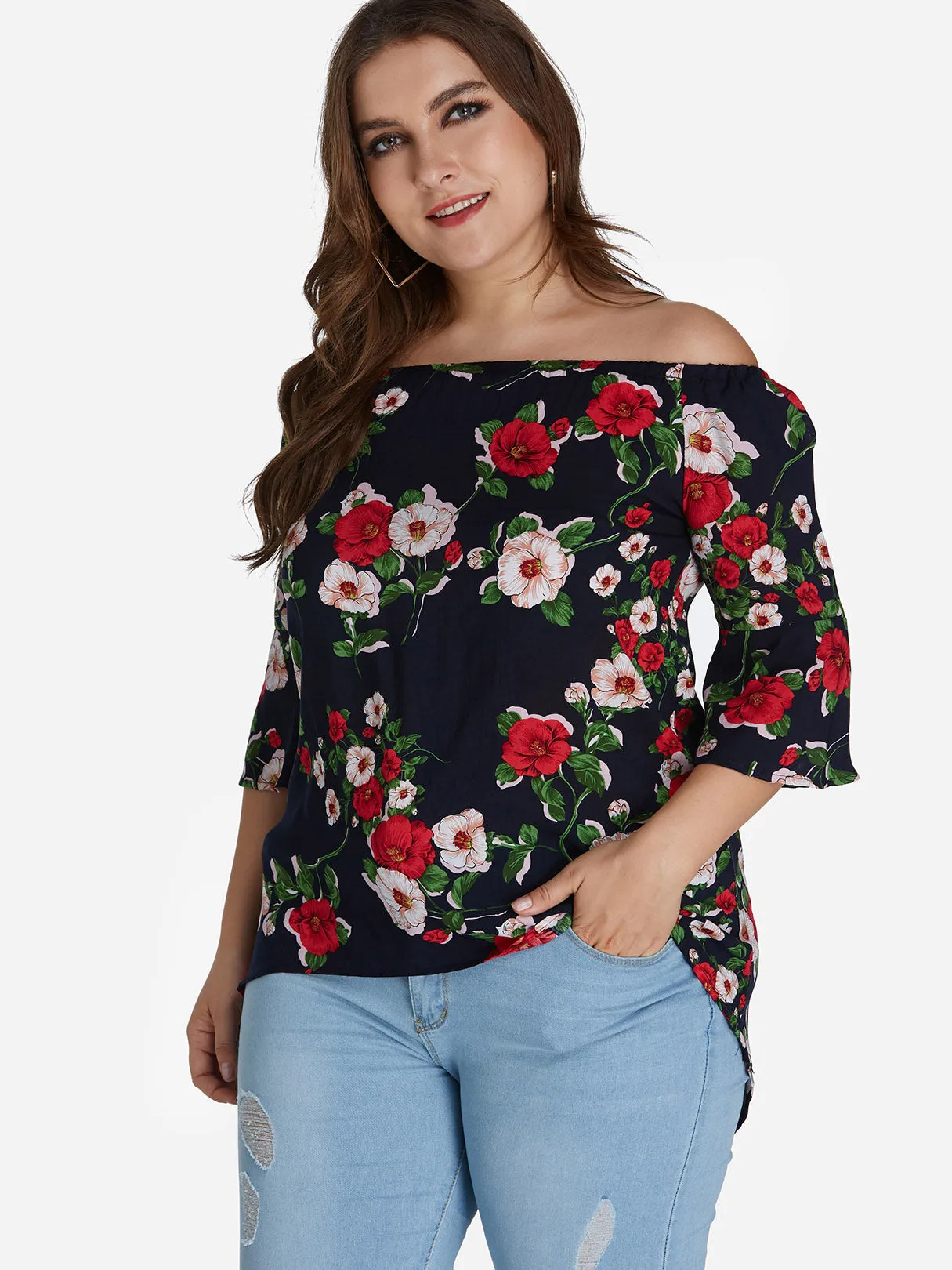 OEM ODM Off The Shoulder Floral Print 3/4 Sleeve Curved Hem Black Plus Size Tops