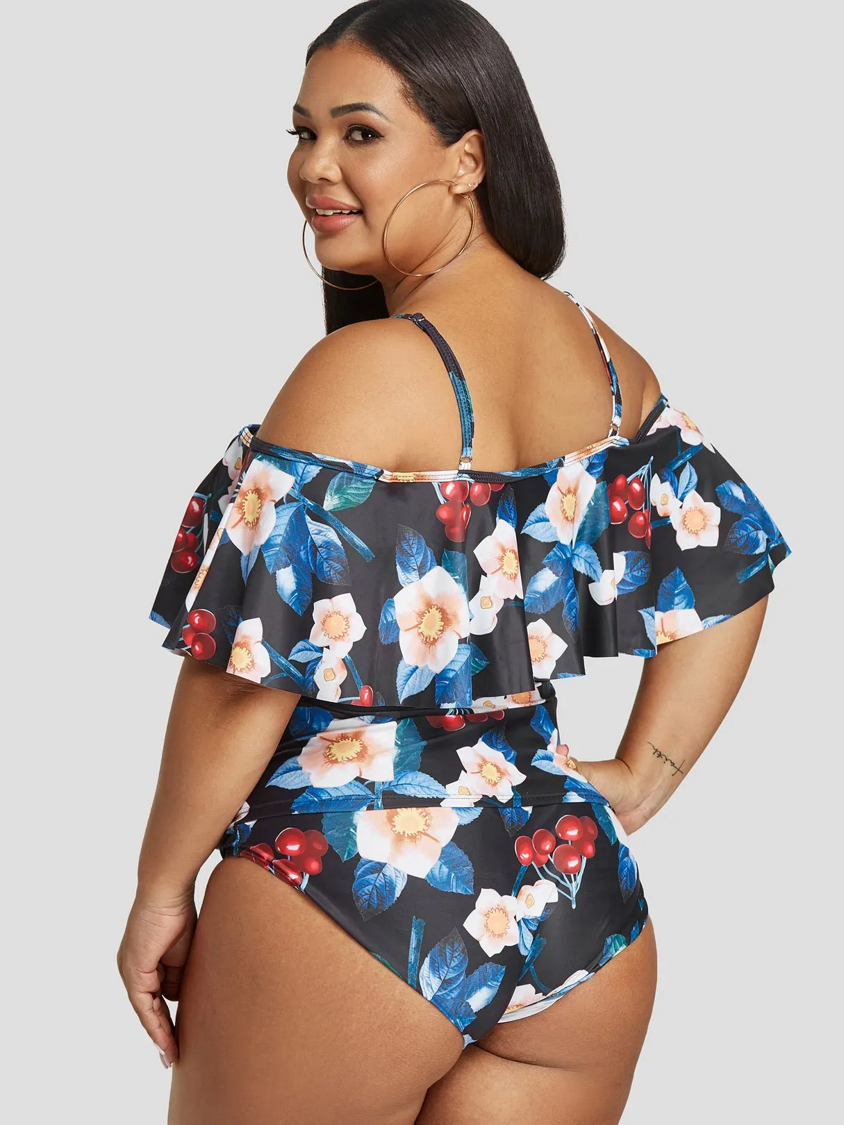 OEM ODM One Shoulder Floral Print Half Sleeve Black Plus Size Swimwear