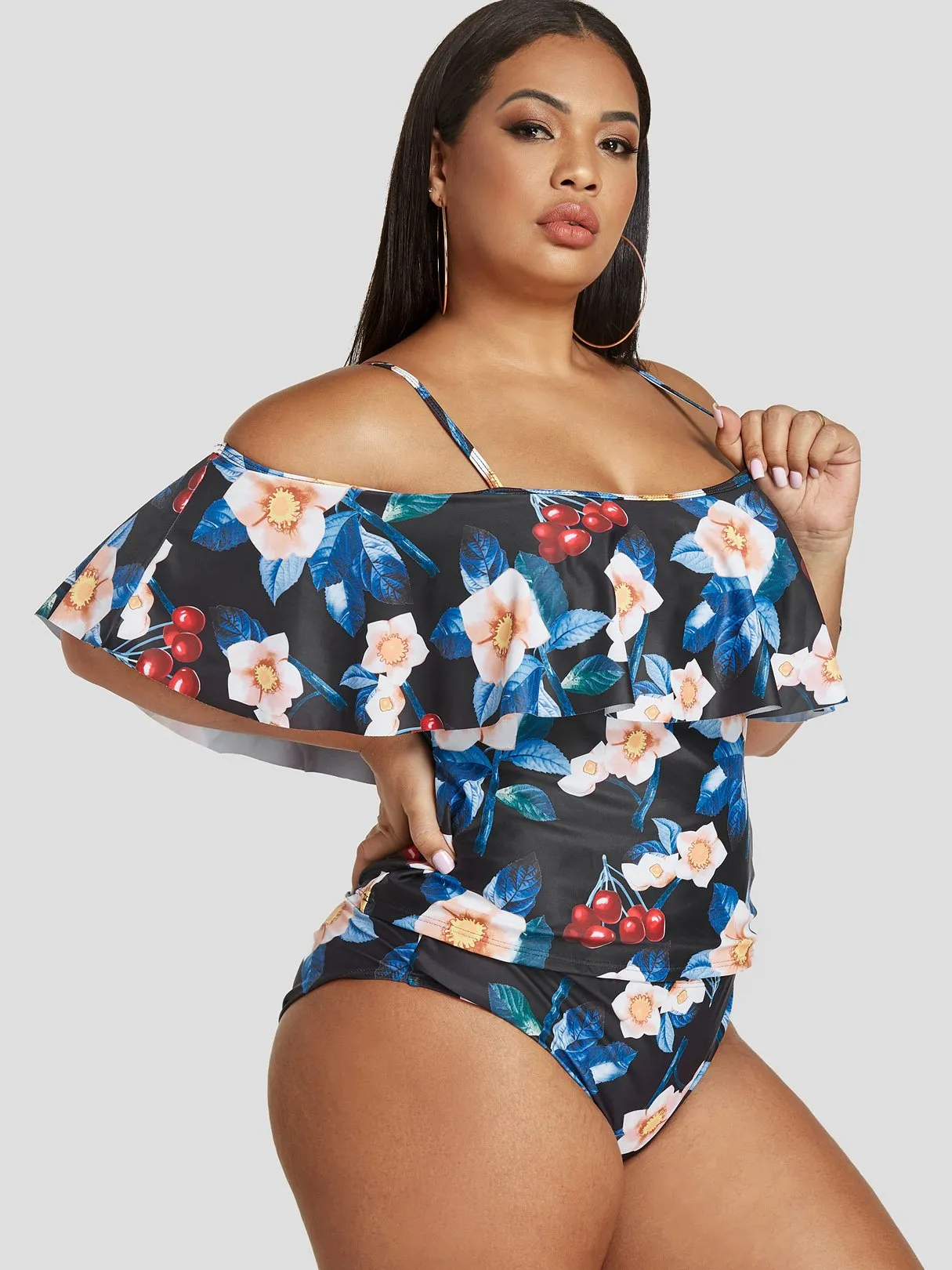 OEM ODM One Shoulder Floral Print Half Sleeve Black Plus Size Swimwear