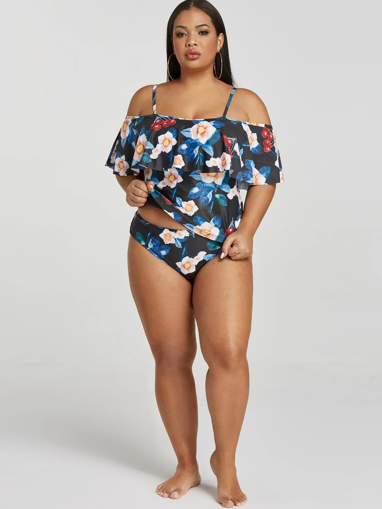 OEM ODM One Shoulder Floral Print Half Sleeve Black Plus Size Swimwear