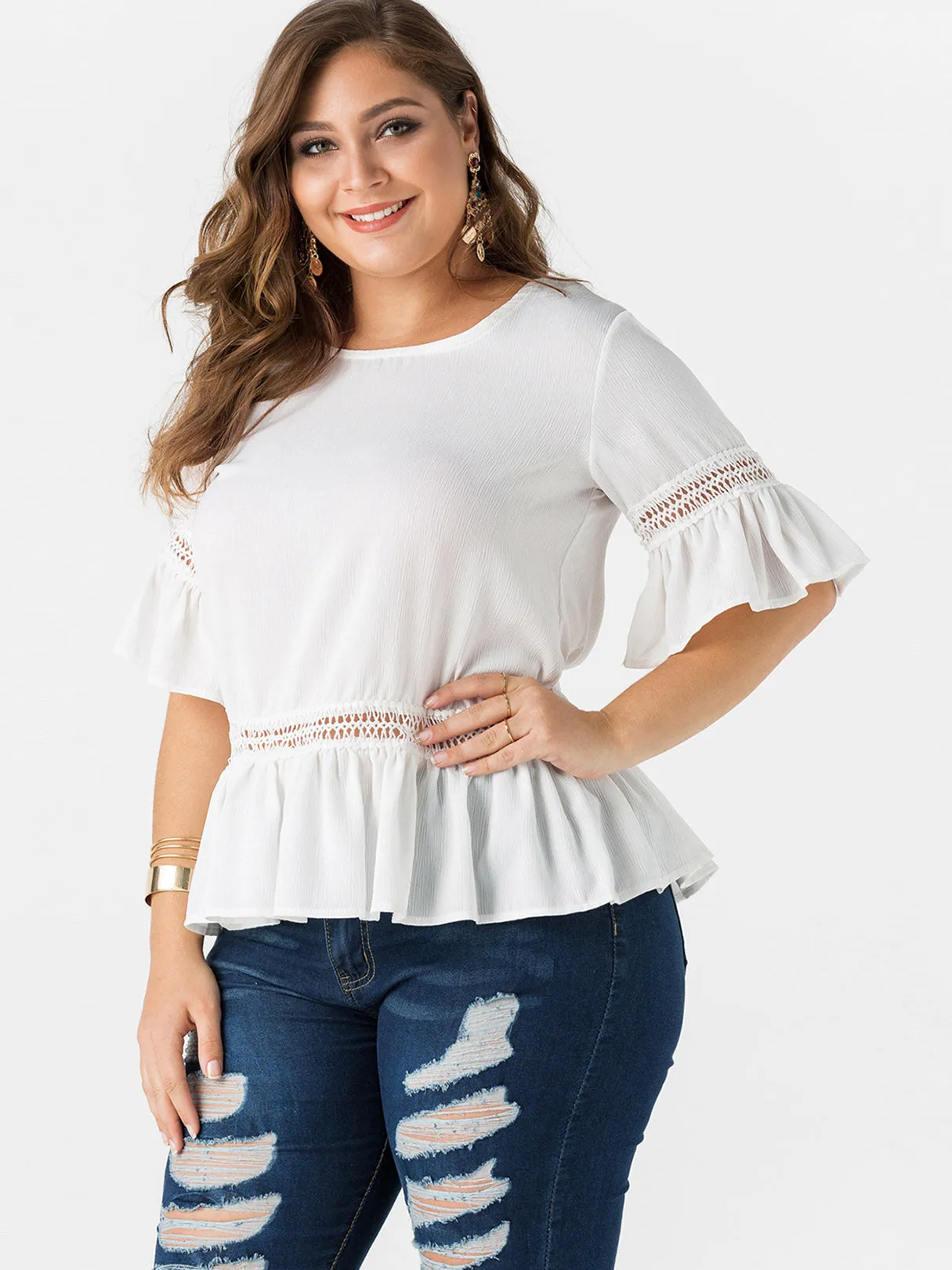 OEM ODM Round Neck Lace Cut Out Half Sleeve Flounced Hem Plus Size Tops