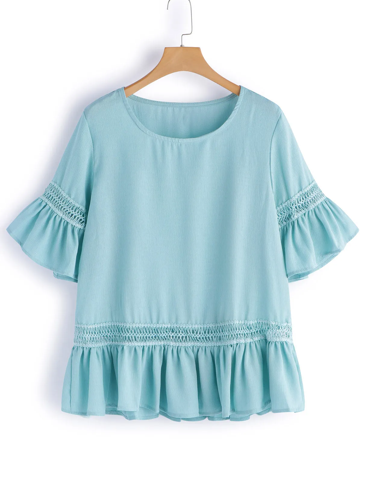 OEM ODM Round Neck Lace Cut Out Half Sleeve Flounced Hem Plus Size Tops