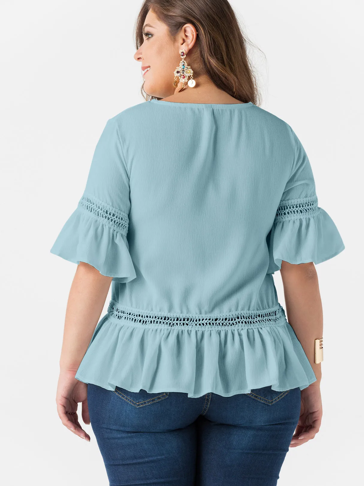 OEM ODM Round Neck Lace Cut Out Half Sleeve Flounced Hem Plus Size Tops