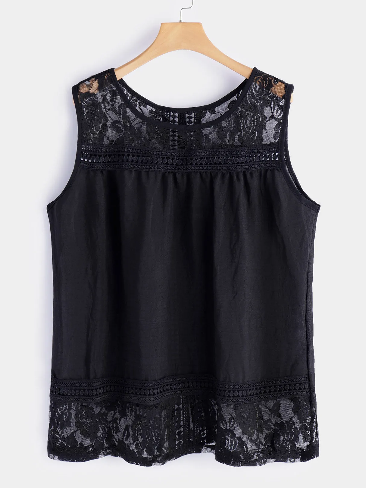 OEM ODM Round Neck Lace Hollow Sleeveless Slit Hem Plus Size Tops