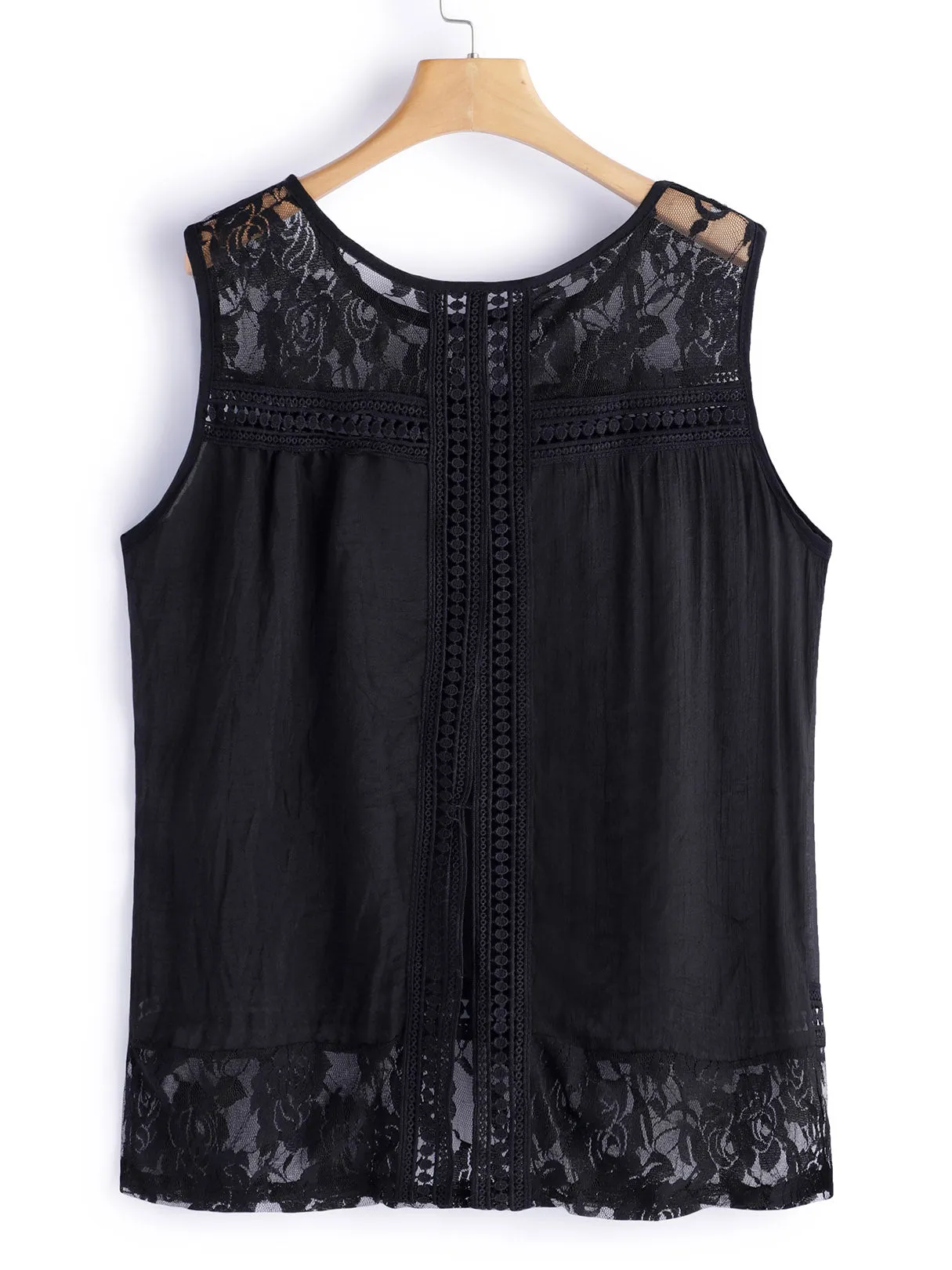 OEM ODM Round Neck Lace Hollow Sleeveless Slit Hem Plus Size Tops
