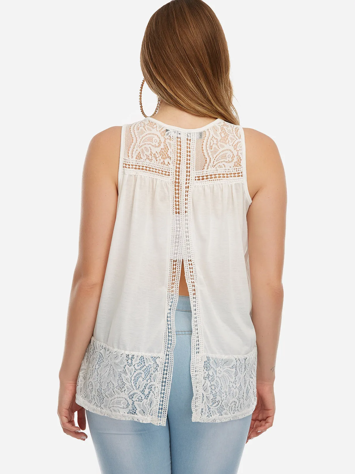 OEM ODM Round Neck Lace Hollow Sleeveless Slit Hem Plus Size Tops