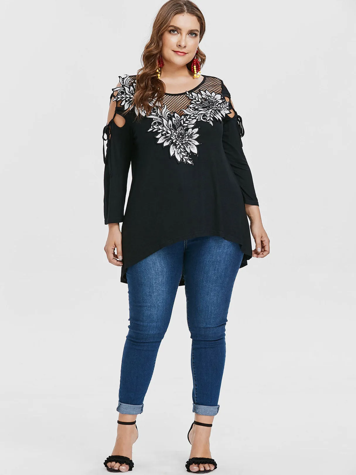 OEM ODM Round Neck Plain Hollow Cut Out Long Sleeve High-Low Hem Black Plus Size Tops