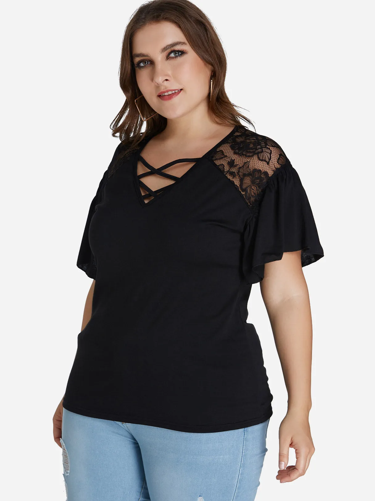 OEM ODM Round Neck Plain Short Sleeve Black Plus Size Tops