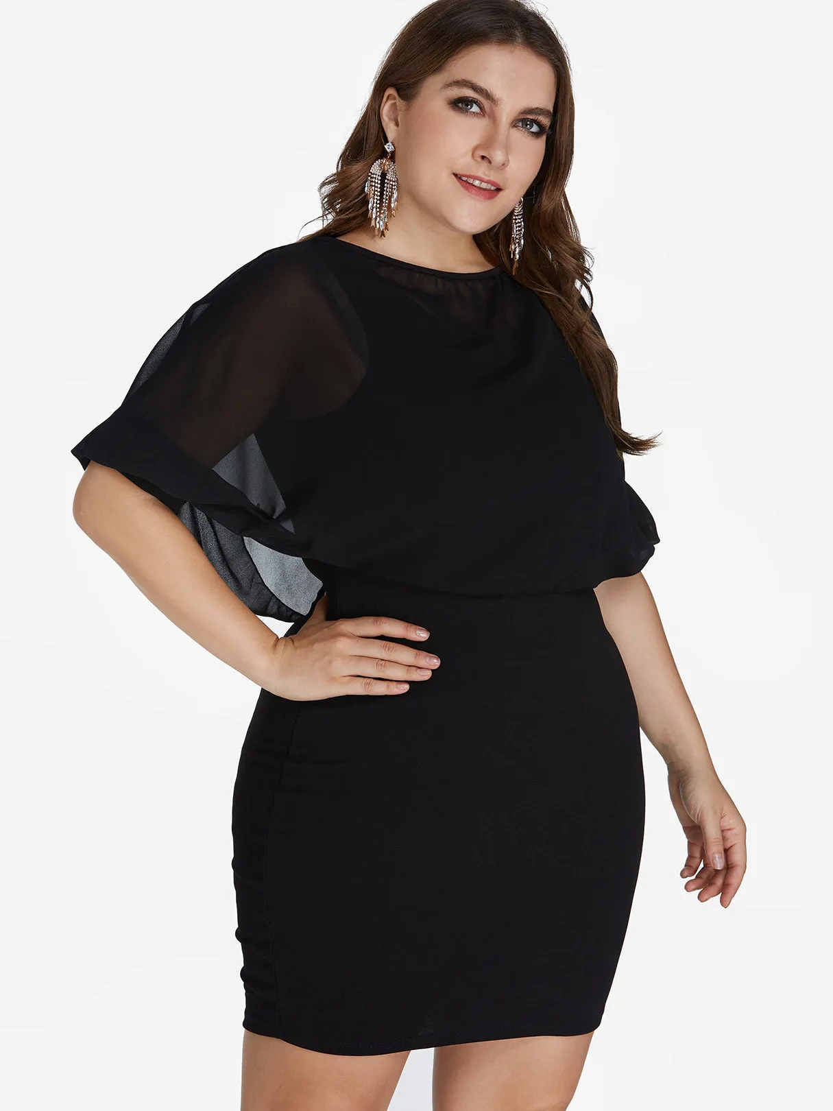 OEM ODM Round Neck Plain Tiered Half Sleeve Black Plus Size Mini Dress