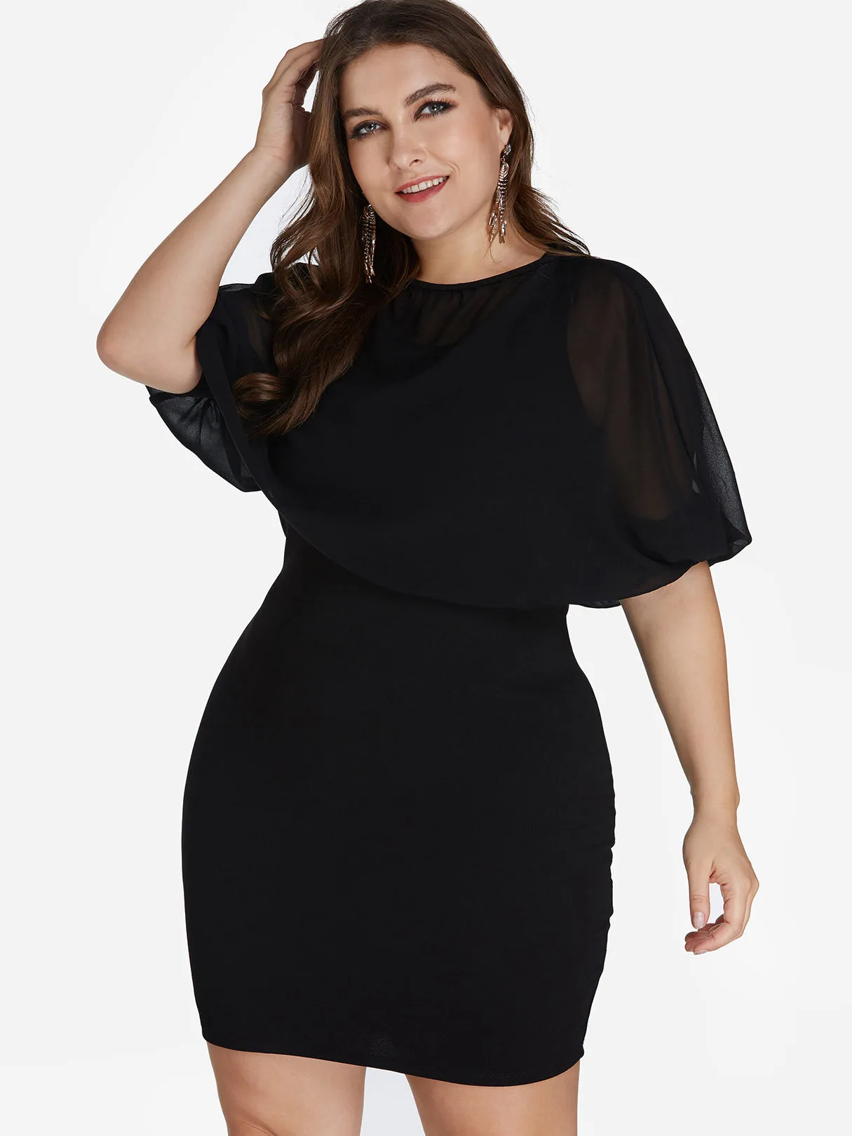 OEM ODM Round Neck Plain Tiered Half Sleeve Black Plus Size Mini Dress