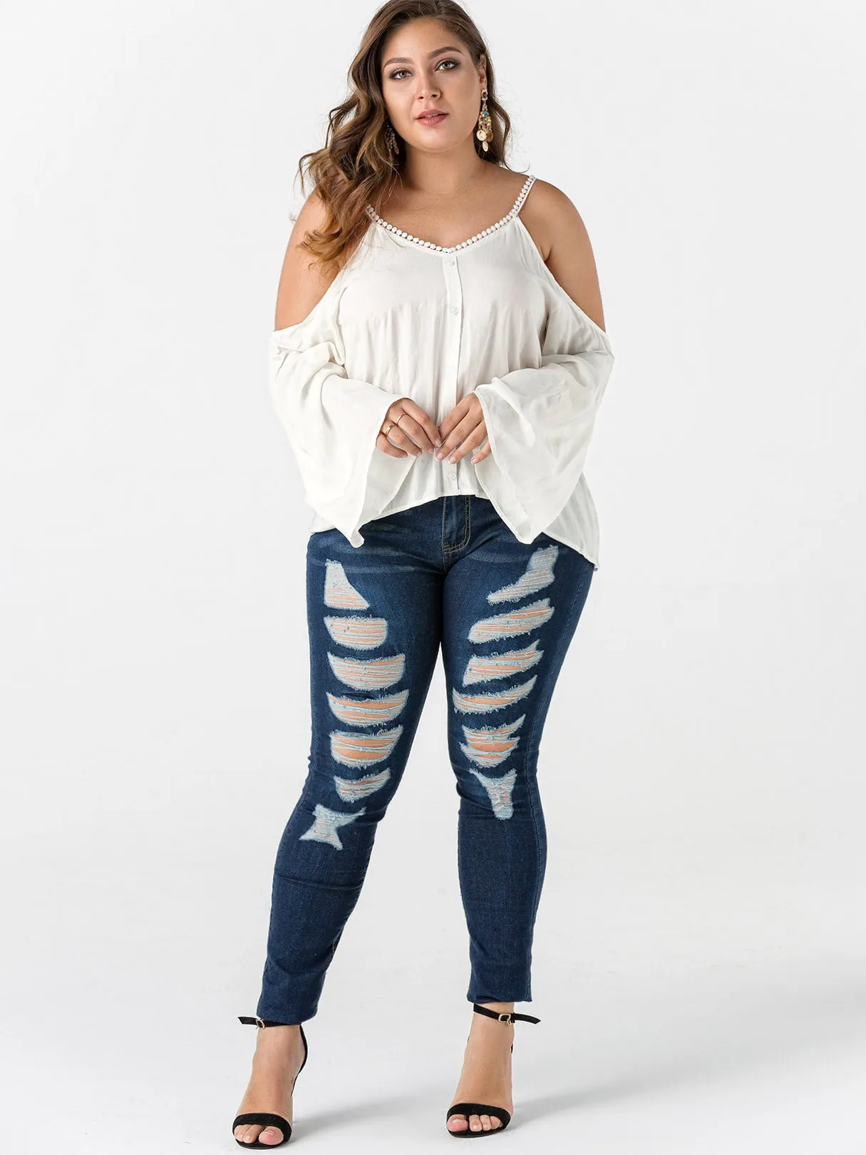 OEM ODM V-Neck Cold Shoulder Plain Crochet Lace Embellished Long Sleeve White Plus Size Tops