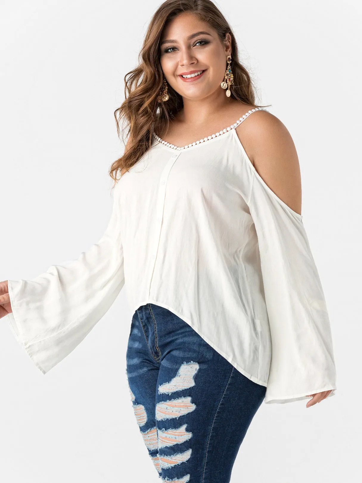 OEM ODM V-Neck Cold Shoulder Plain Crochet Lace Embellished Long Sleeve White Plus Size Tops