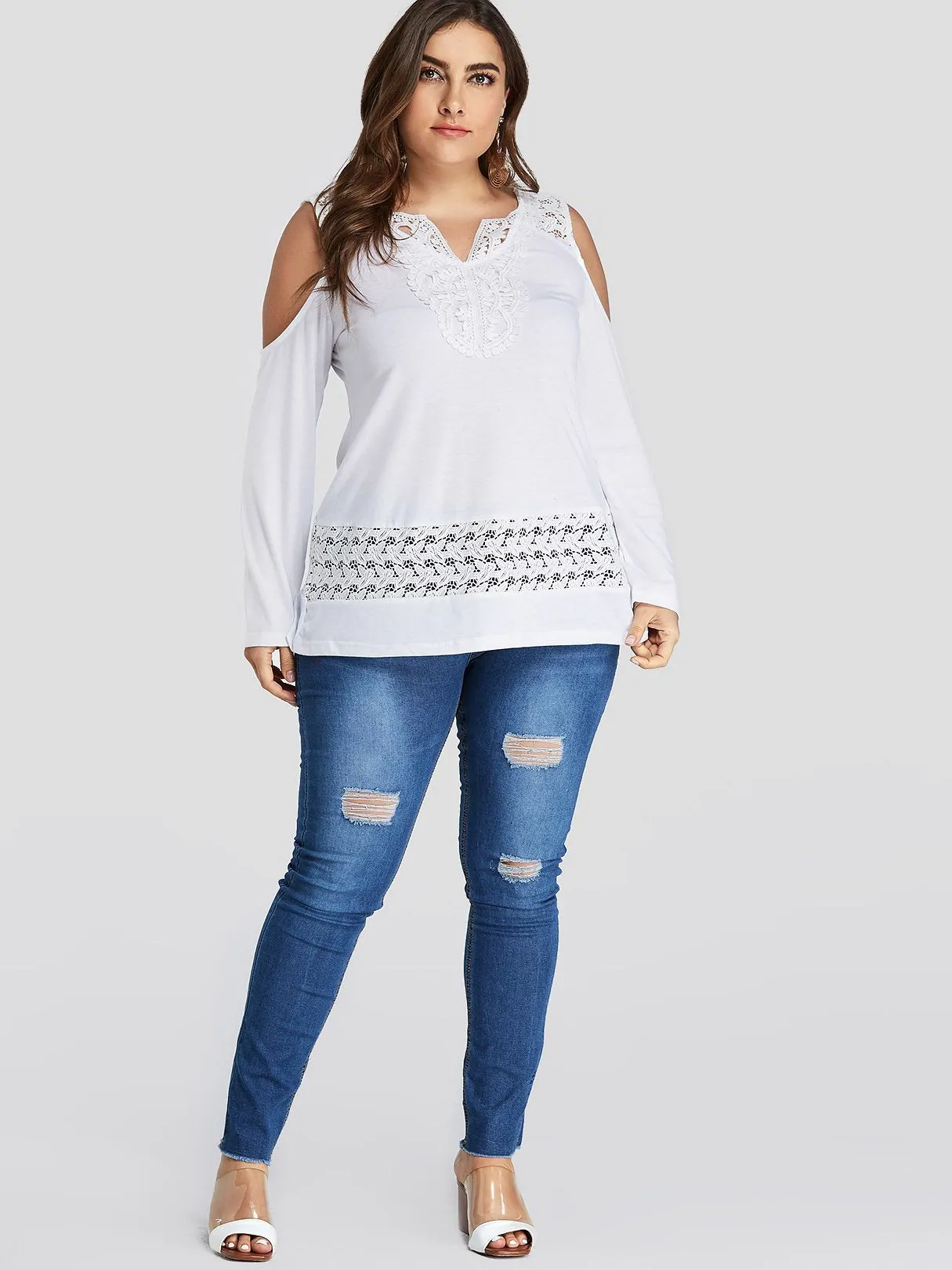 OEM ODM V-Neck Embroidered Lace Long Sleeve White Plus Size Tops