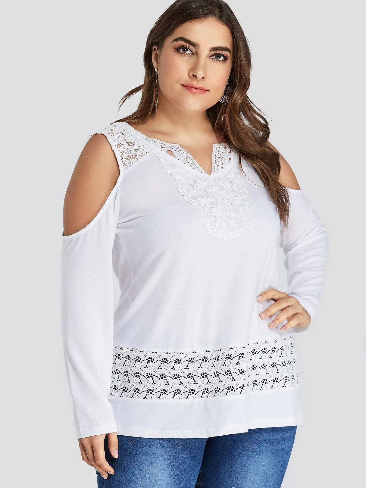 OEM ODM V-Neck Embroidered Lace Long Sleeve White Plus Size Tops
