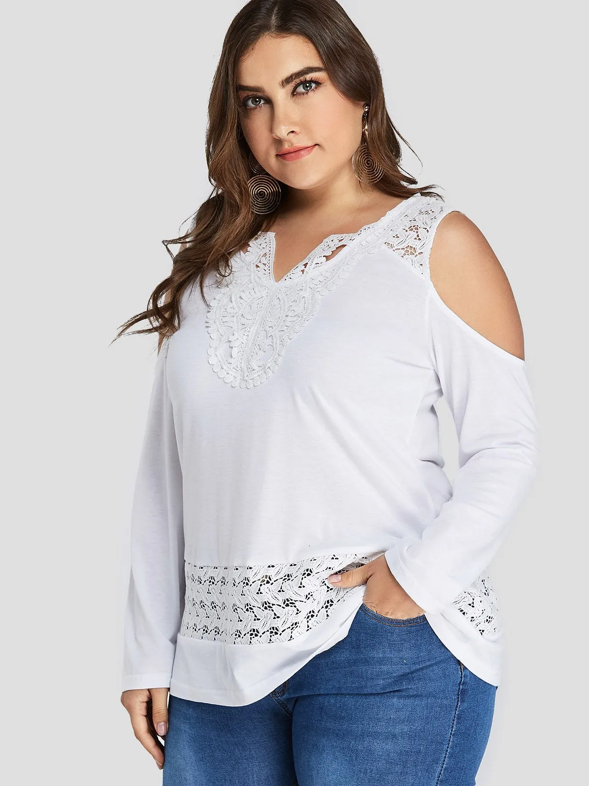 OEM ODM V-Neck Embroidered Lace Long Sleeve White Plus Size Tops