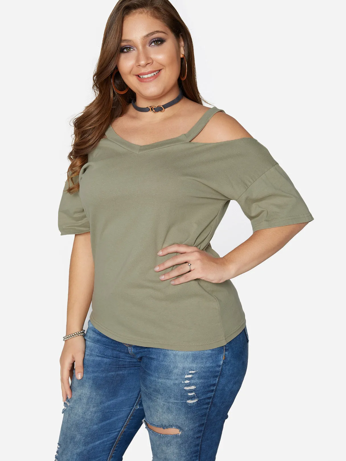 OEM ODM V-Neck Plain Hollow Half Sleeve Flounced Hem Plus Size Tops