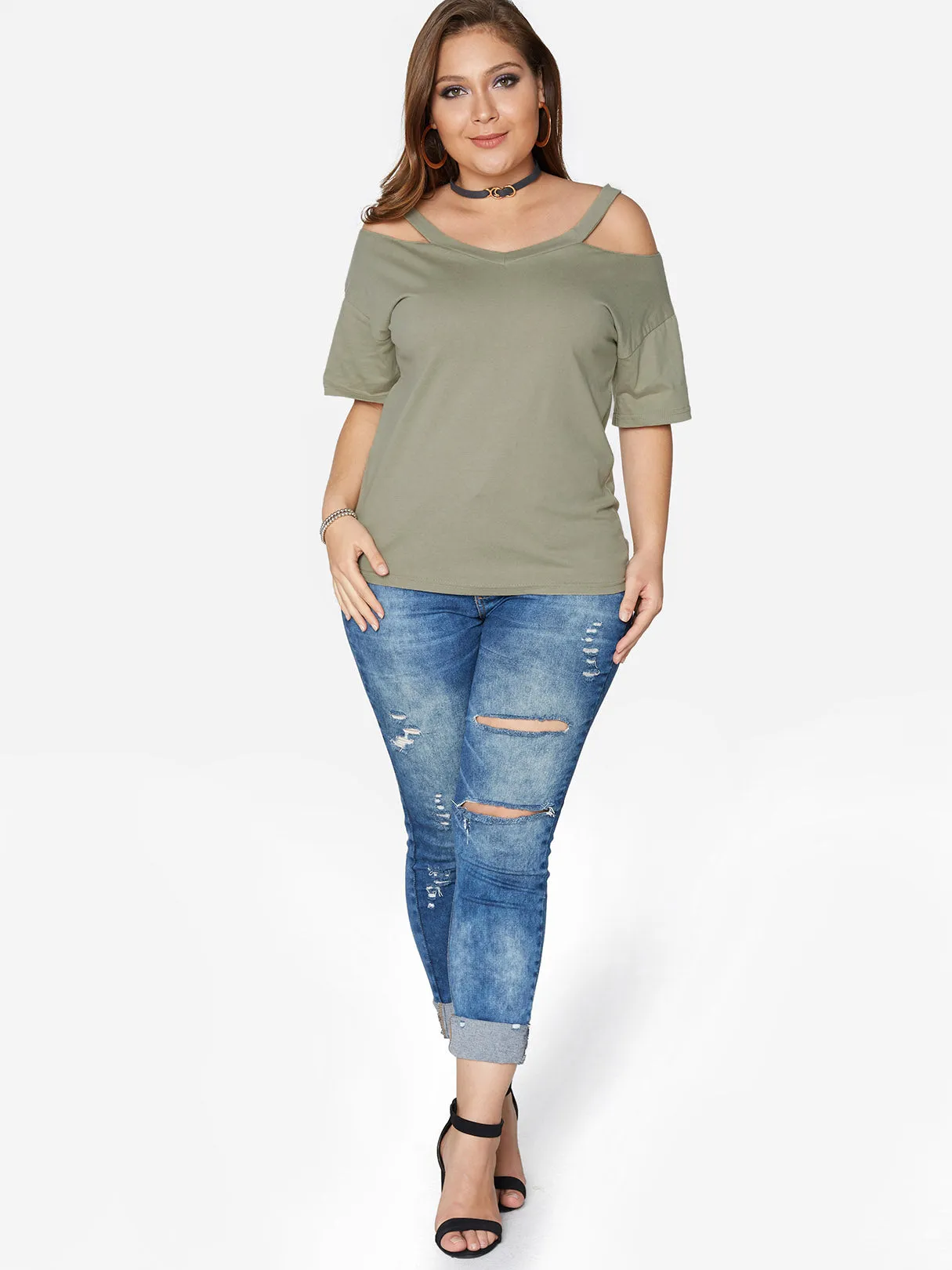 OEM ODM V-Neck Plain Hollow Half Sleeve Flounced Hem Plus Size Tops