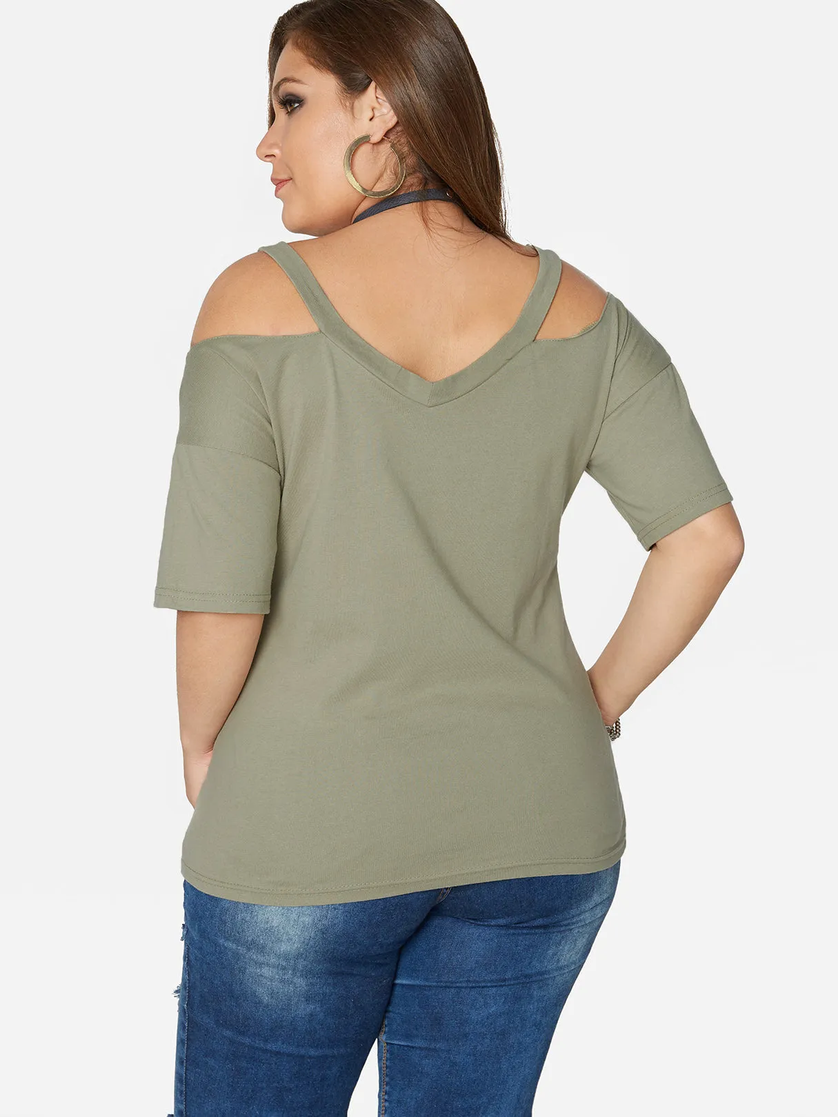 OEM ODM V-Neck Plain Hollow Half Sleeve Flounced Hem Plus Size Tops