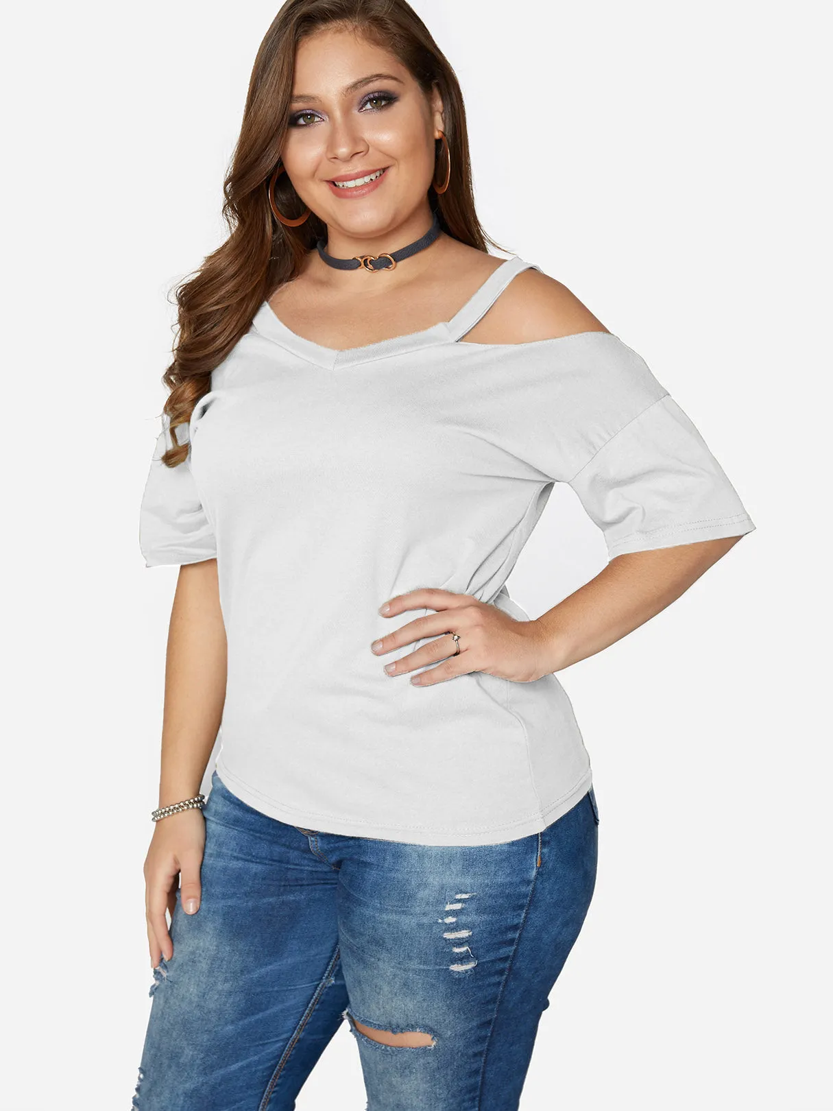 OEM ODM V-Neck Plain Hollow Half Sleeve Flounced Hem Plus Size Tops