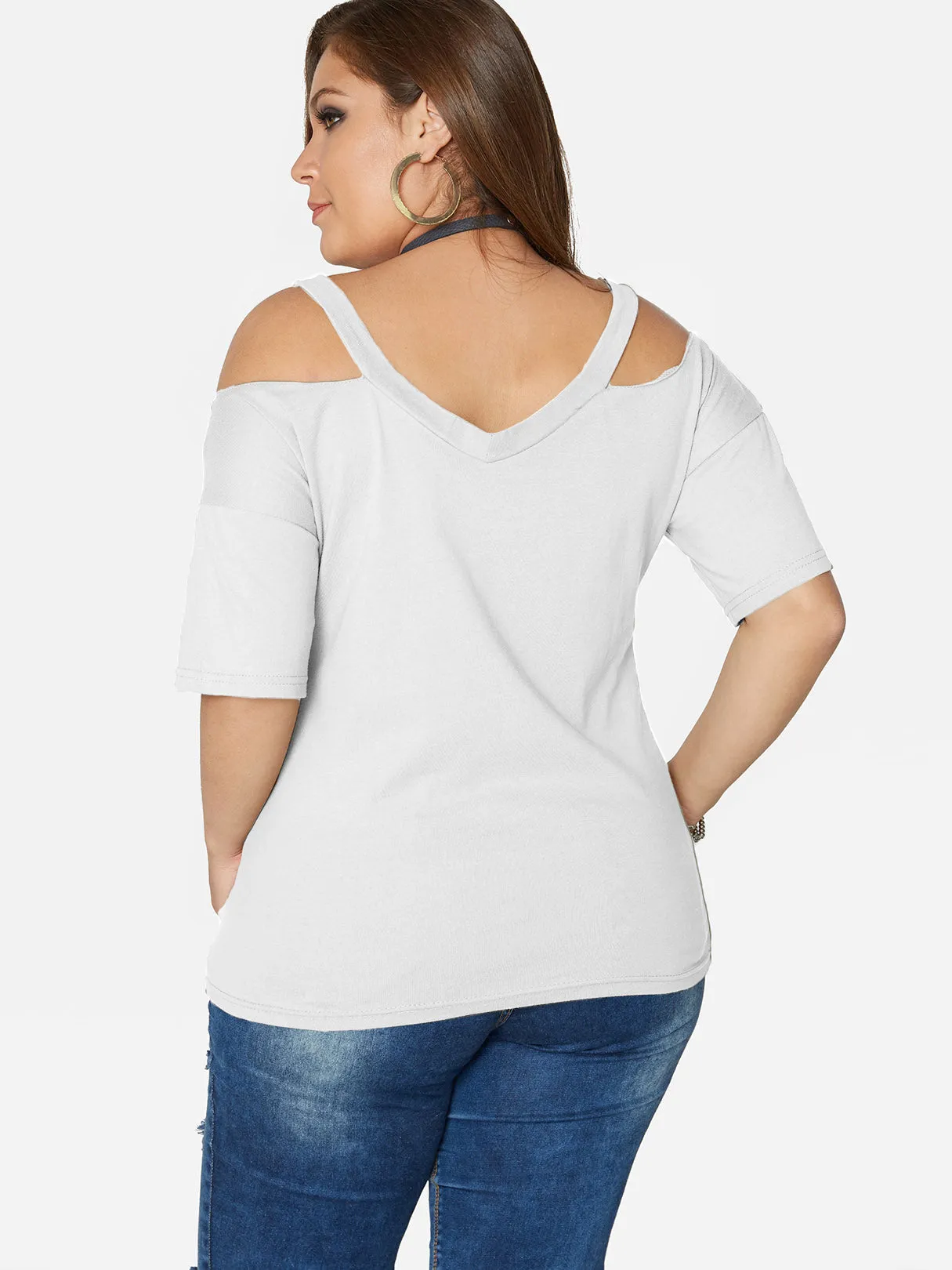 OEM ODM V-Neck Plain Hollow Half Sleeve Flounced Hem Plus Size Tops