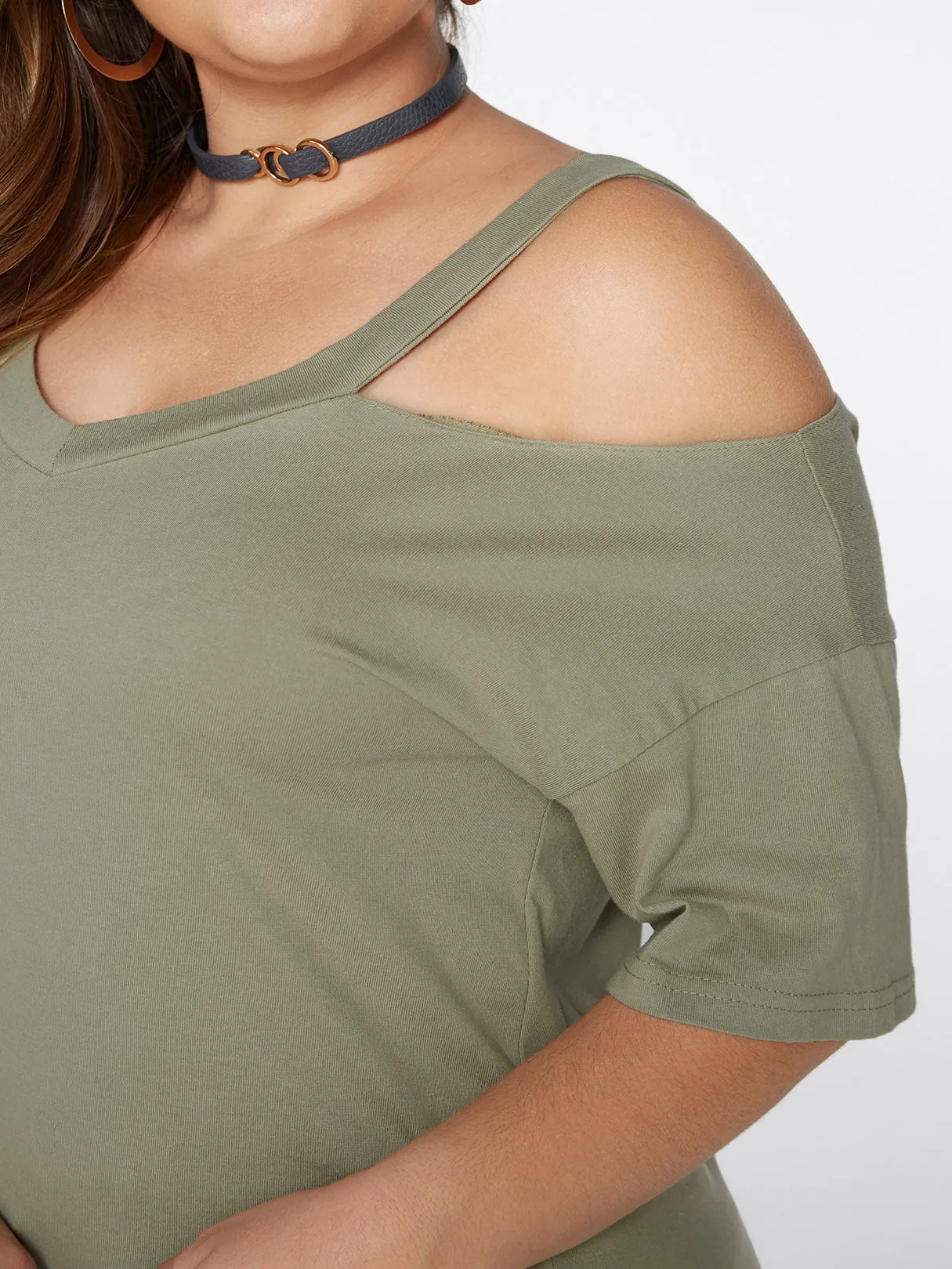 OEM ODM V-Neck Plain Hollow Half Sleeve Flounced Hem Plus Size Tops