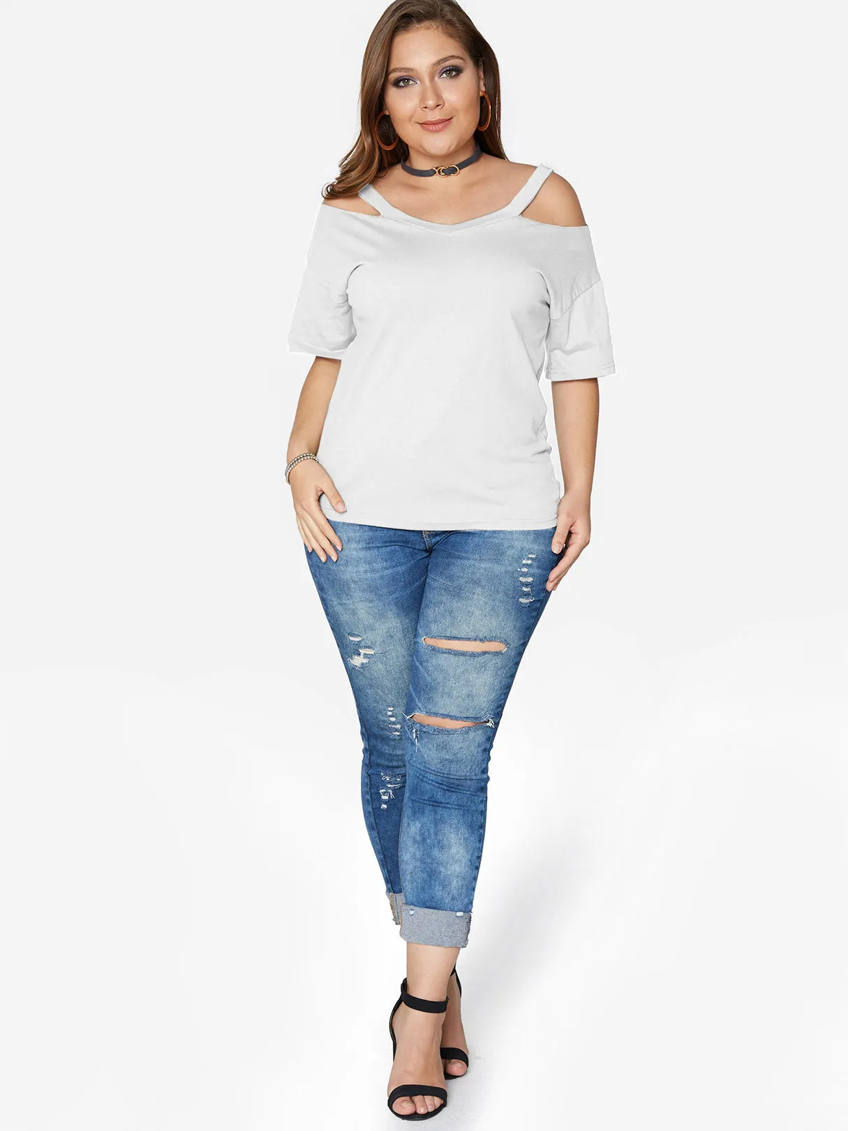 OEM ODM V-Neck Plain Hollow Half Sleeve Flounced Hem Plus Size Tops
