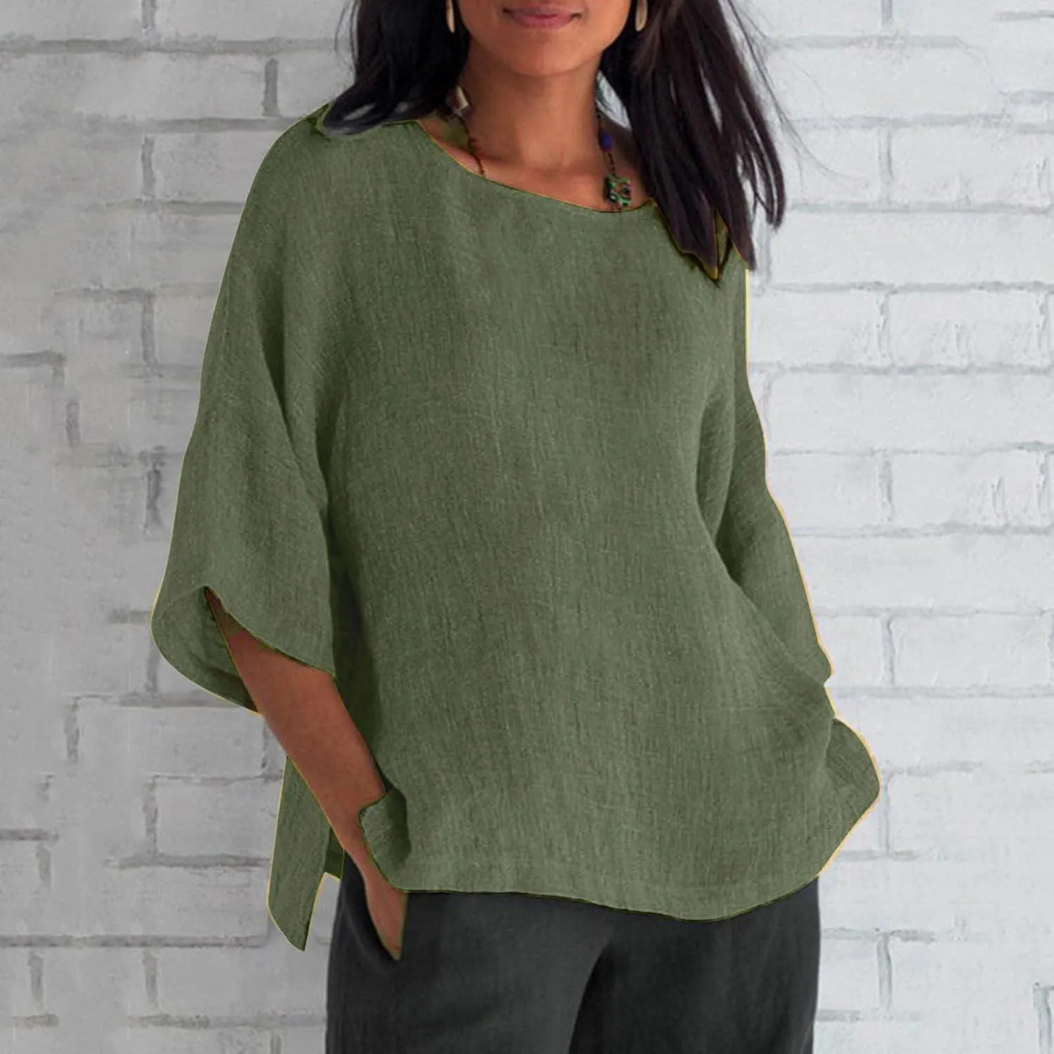 Oversized Cotton Linen Shirts for Women 2023 Summer Casual Half Sleeve Crewneck Tunic Tops Loose Comfy Basic Blouse