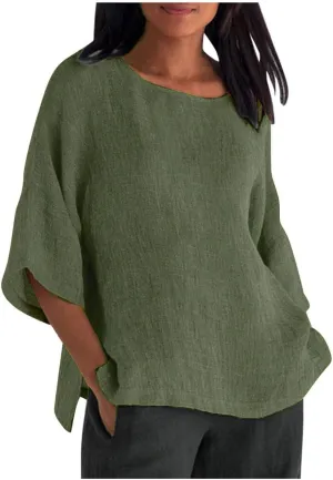 Oversized Cotton Linen Shirts for Women 2023 Summer Casual Half Sleeve Crewneck Tunic Tops Loose Comfy Basic Blouse