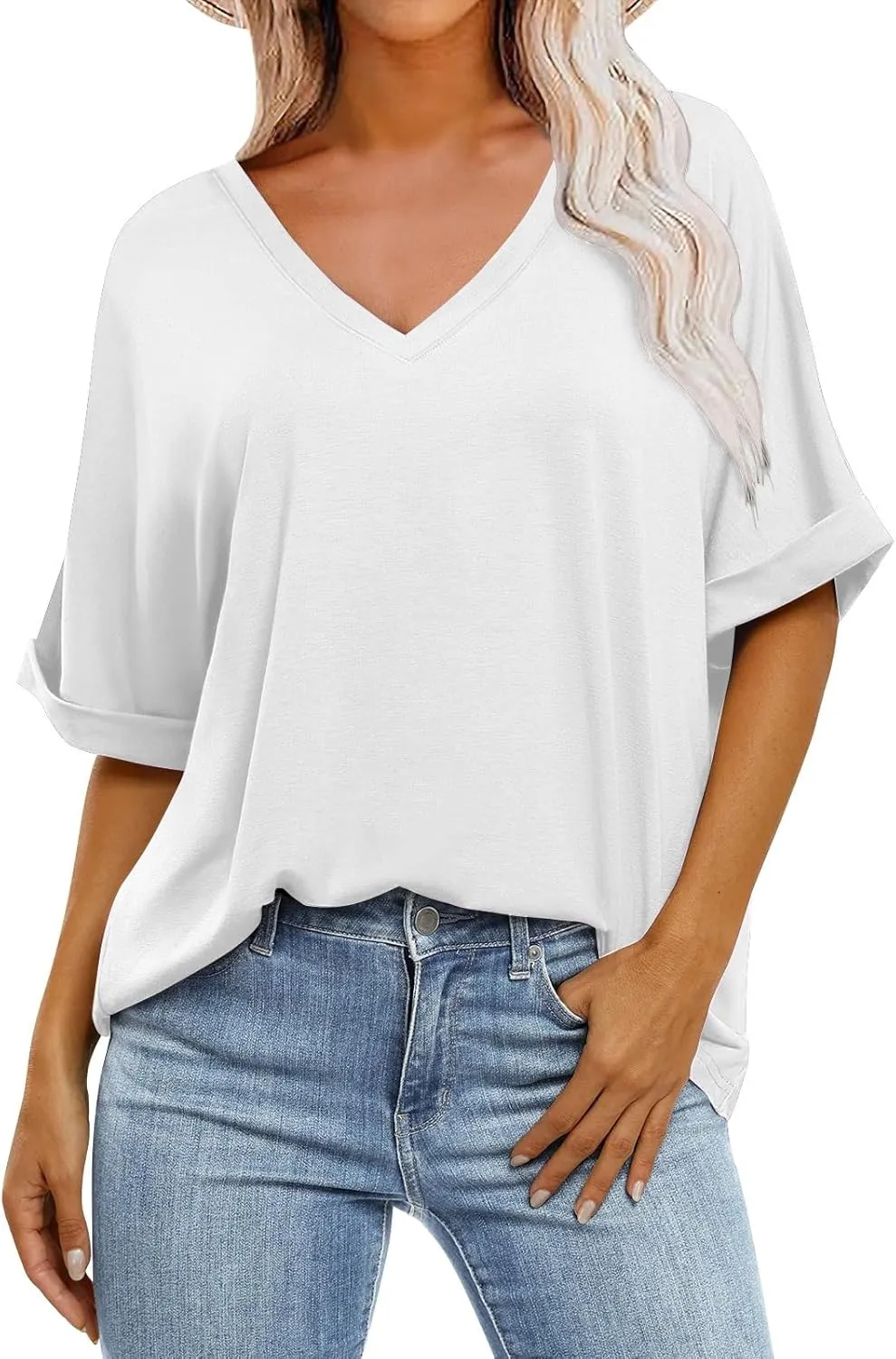 Oversized Shirts for Women V Neck Rolled Short Sleeve Shirts Loose Fit Summer Tops Casual Workout Shirts Tunic Tops