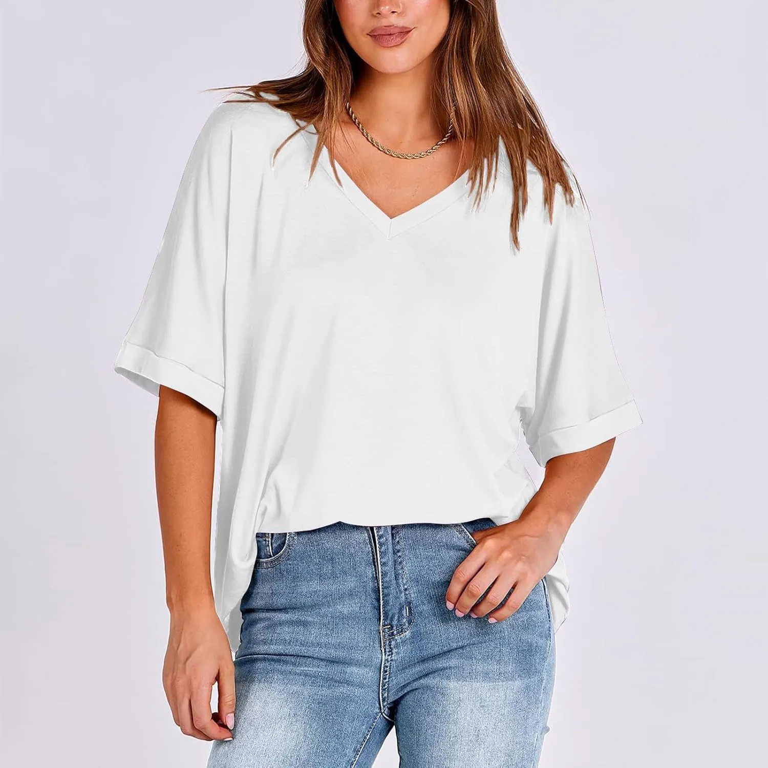Oversized Shirts for Women V Neck Rolled Short Sleeve Shirts Loose Fit Summer Tops Casual Workout Shirts Tunic Tops